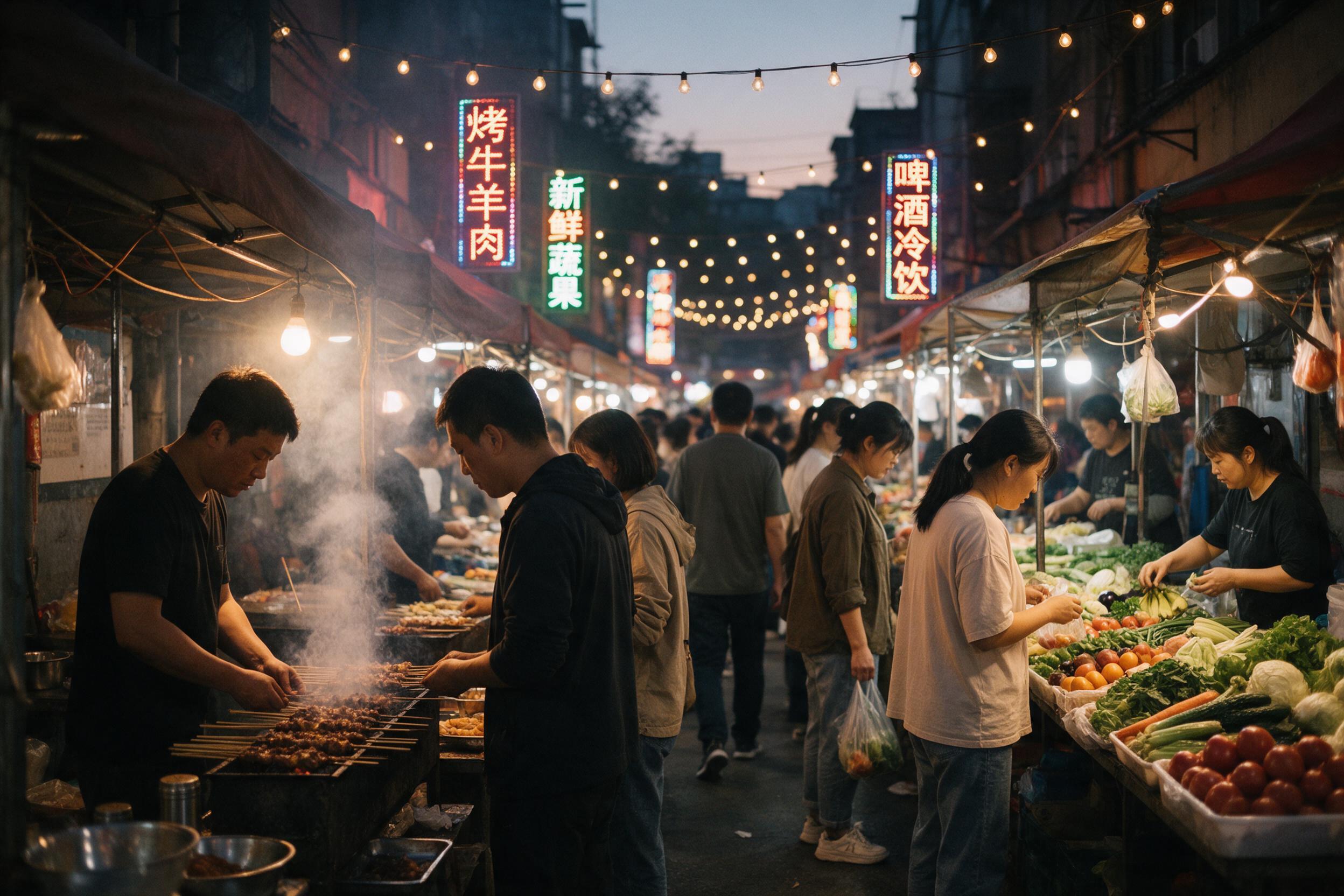 A bustling night market at dusk, warm string lights overhead, vendors grilling skewers with smoke, shoppers in casual wear browsing fresh produce, narrow alley with neon signs in Chinese characters, shallow depth of field, natural ambient lighting, slight grain.