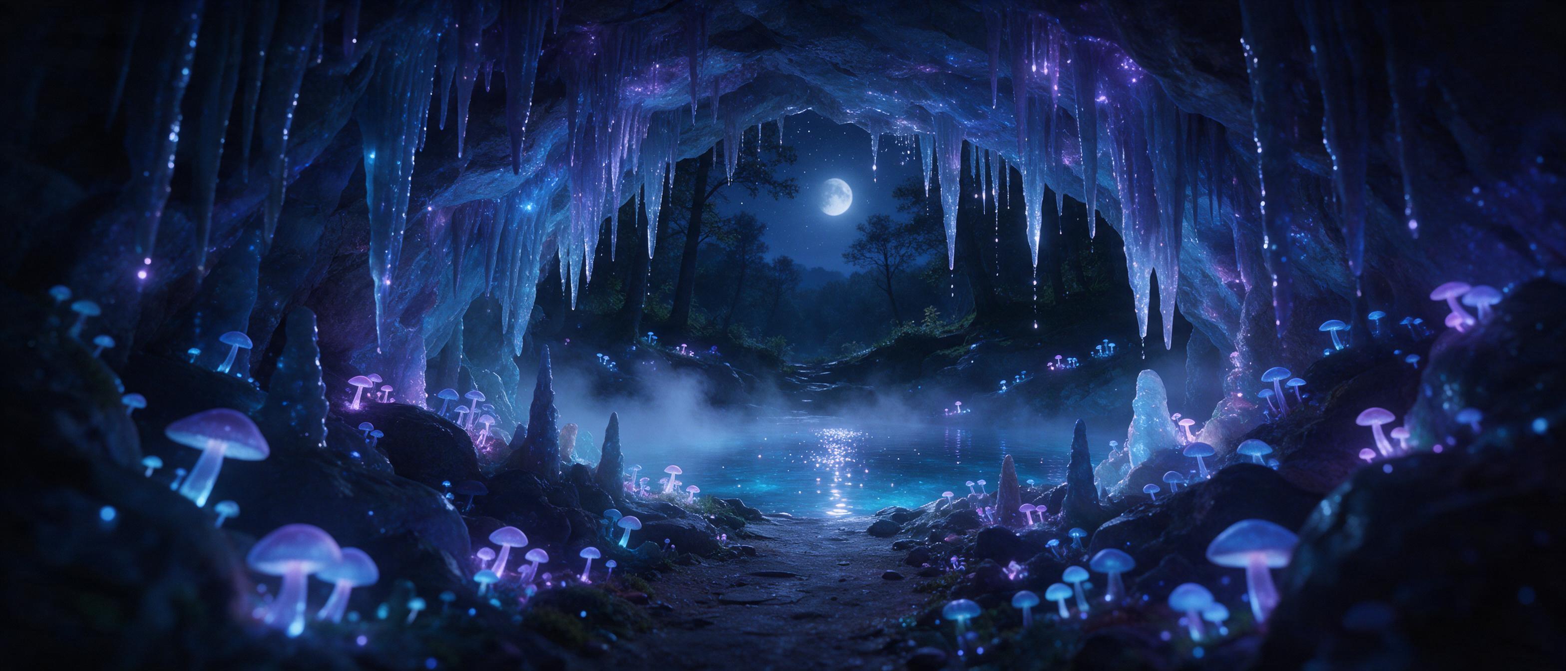 A glowing crystal cave hidden beneath a moonlit forest, bioluminescent mushrooms casting soft blue and purple light on dripping stalactites, a narrow path leading to a shimmering underground pool reflecting the stars, mist swirling near the water's surface, cinematic wide-angle composition, ethereal