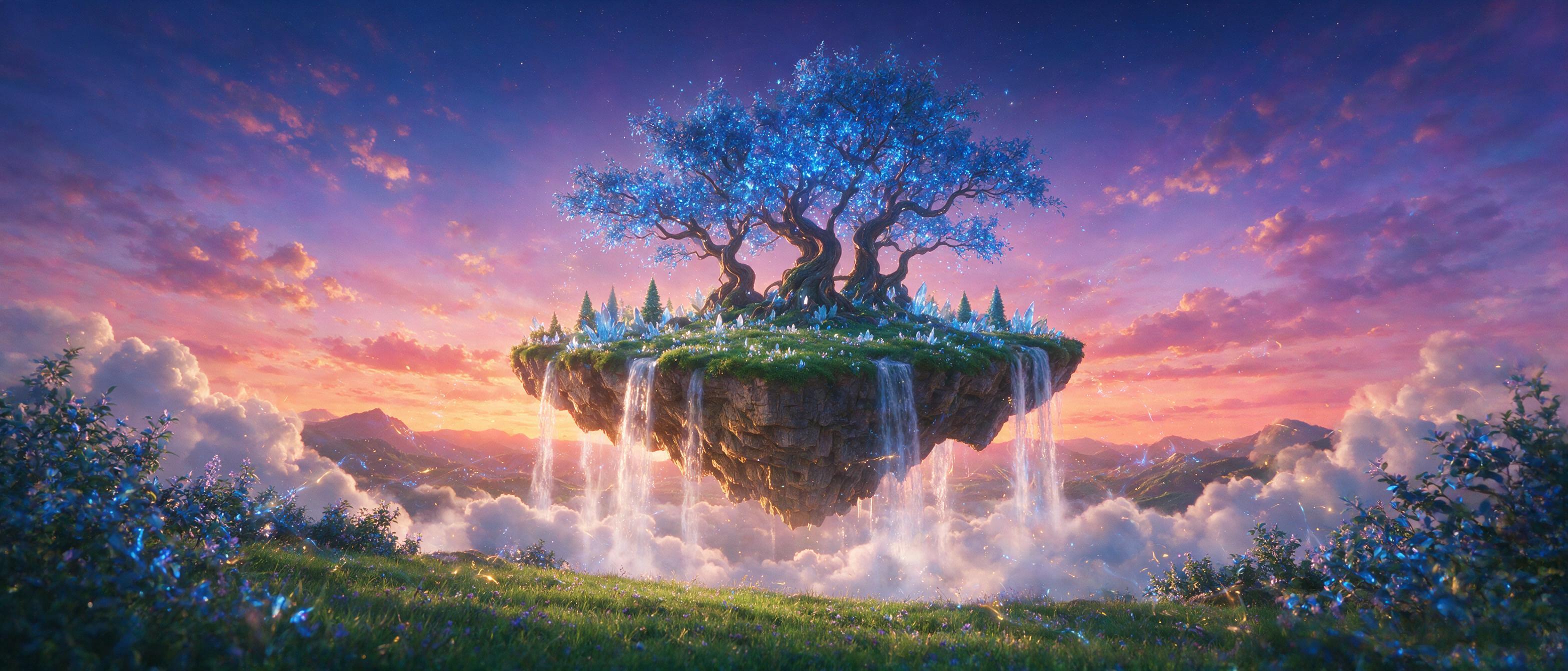 A luminous floating island suspended in a twilight sky, ancient twisted trees with glowing blue leaves, cascading waterfalls falling into mist, soft purple and orange sunset lighting, cinematic composition, ethereal atmosphere