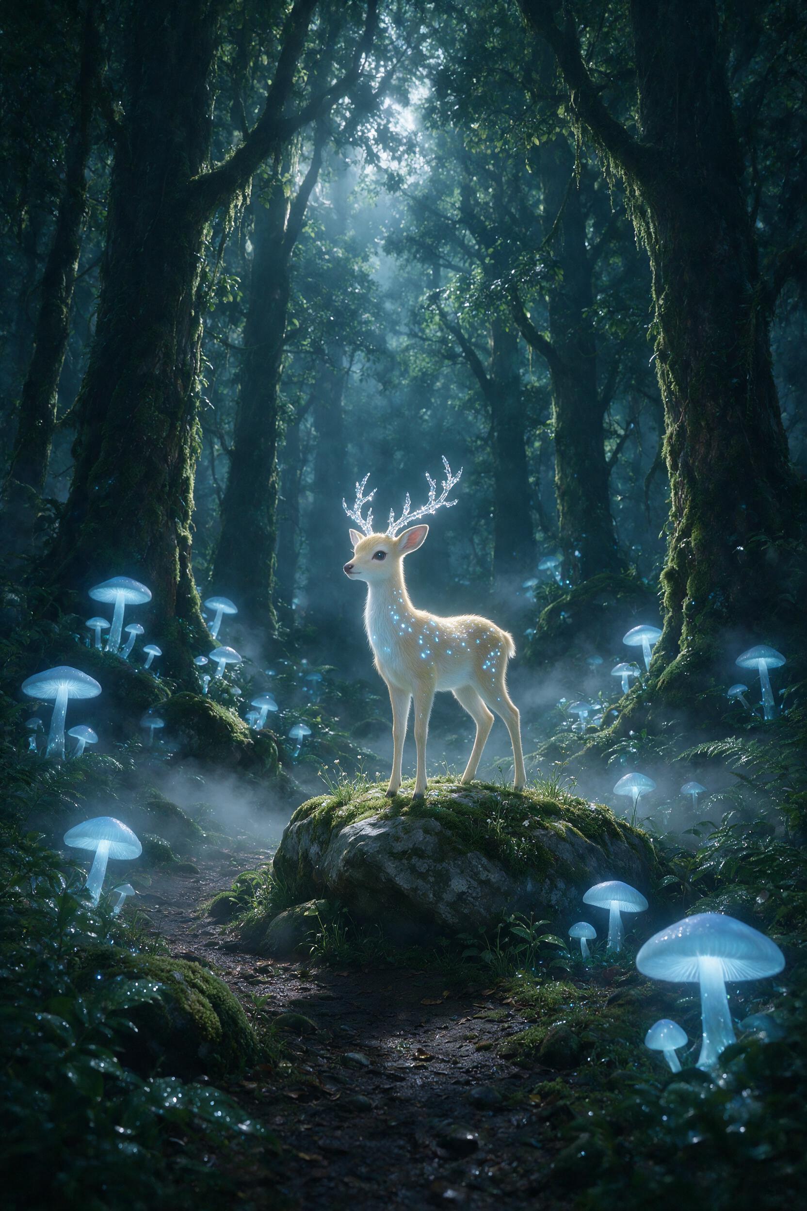 A misty, ancient forest with towering, glowing mushrooms casting soft blue light. A small, ethereal deer with antlers made of frost stands on a mossy rock. Moonlight filters through the canopy, creating long shadows. Wet leaves and damp earth add texture.