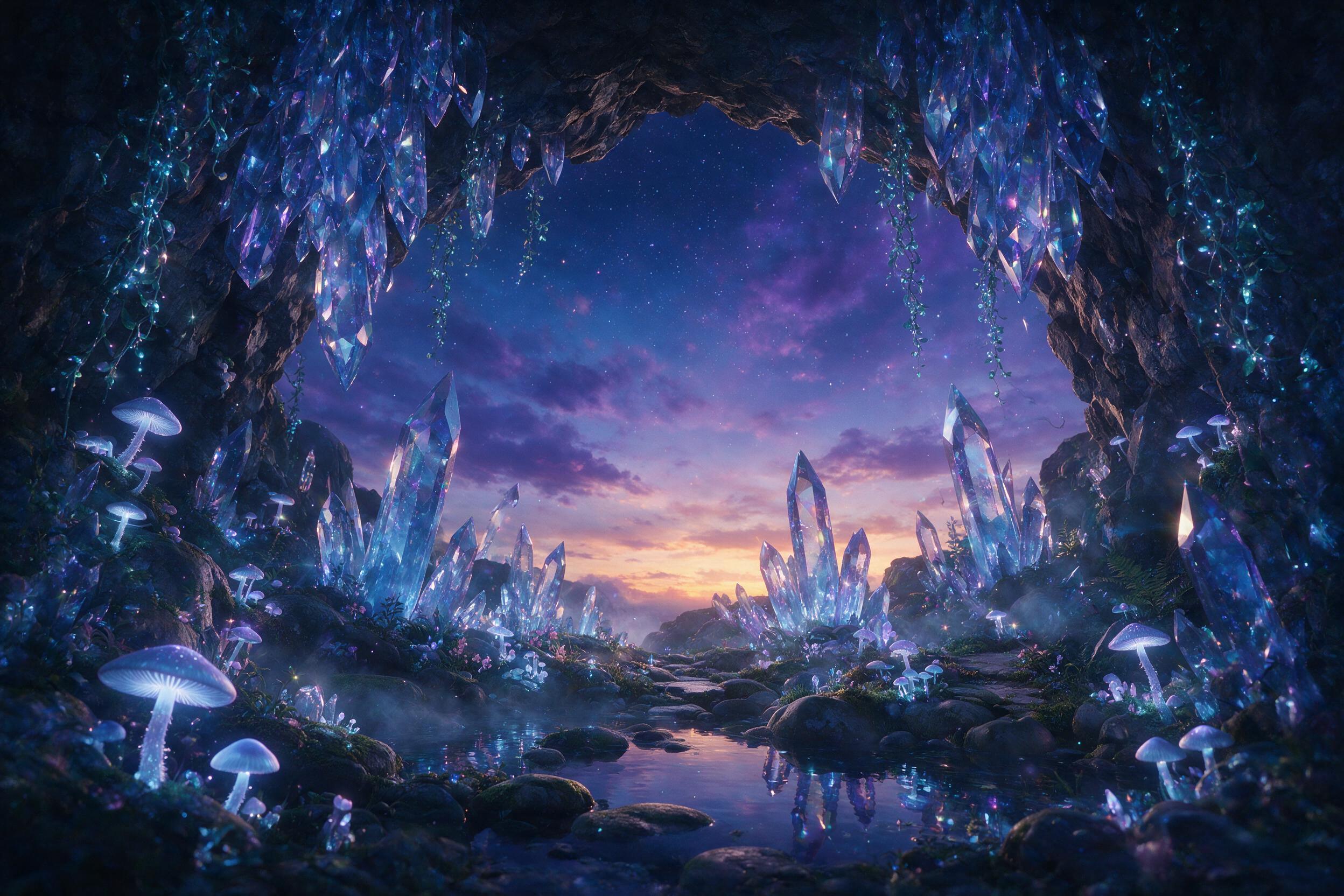 A luminous crystal cave beneath a twilight sky, bioluminescent mushrooms and vines casting soft blue and violet light, still water pools reflecting the glow, ethereal mist swirling, surreal composition, dreamlike atmosphere, subtle lens flare