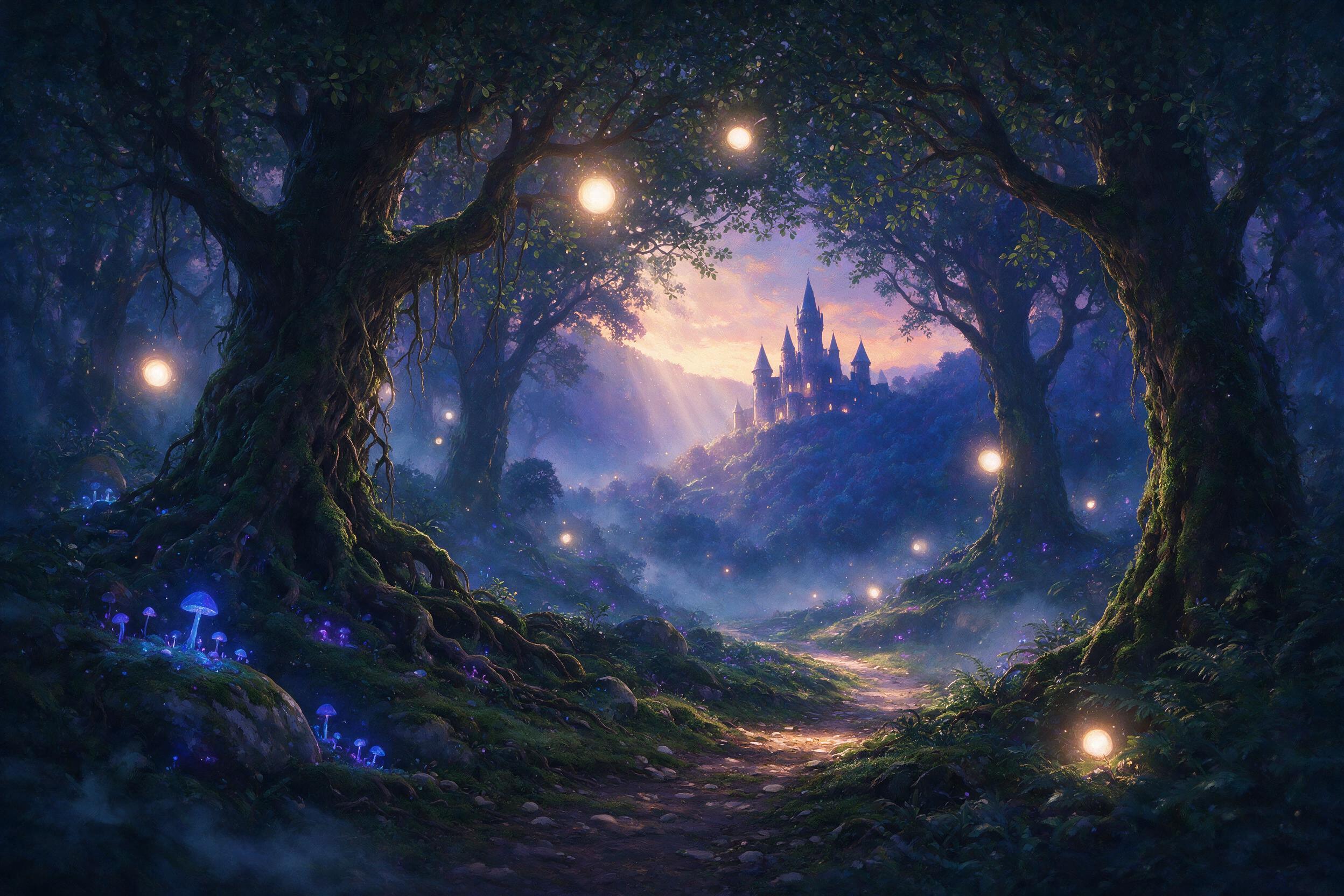 Enchanted forest at twilight, bioluminescent mushrooms and floating glowing orbs, ancient moss-covered trees, a winding path leading to a distant castle, soft mist, golden hour light filtering through dense canopy, vibrant blues and purples, dreamlike atmosphere, slight soft focus, painterly texture