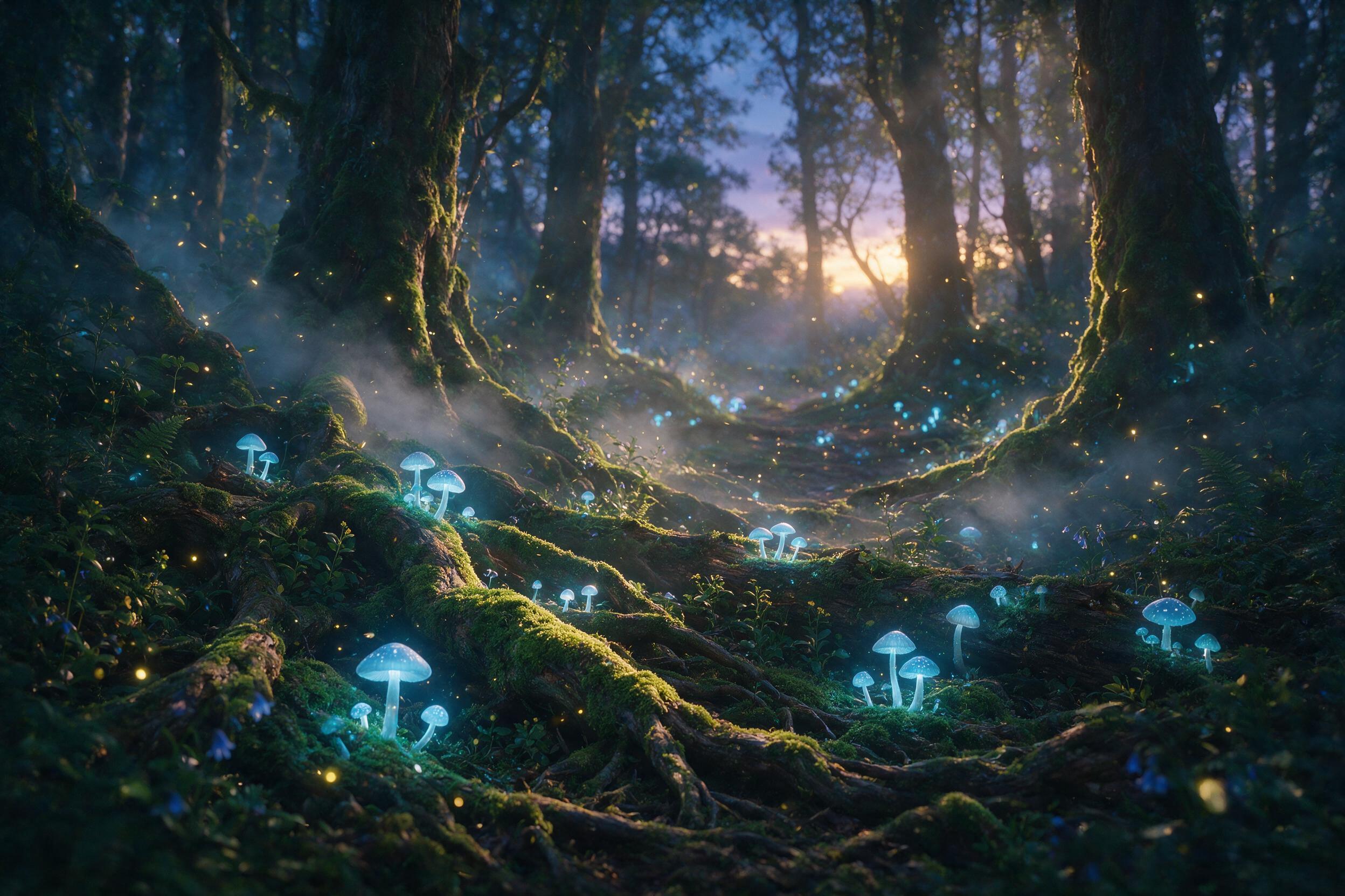 A mystical forest at twilight, glowing mushrooms casting soft blue light onto moss-covered ancient tree roots, ethereal fireflies dancing in the air, gentle fog rolling through the scene, subtle lens flare from the warm golden hour light filtering through the canopy, slight camera shake adding a dre