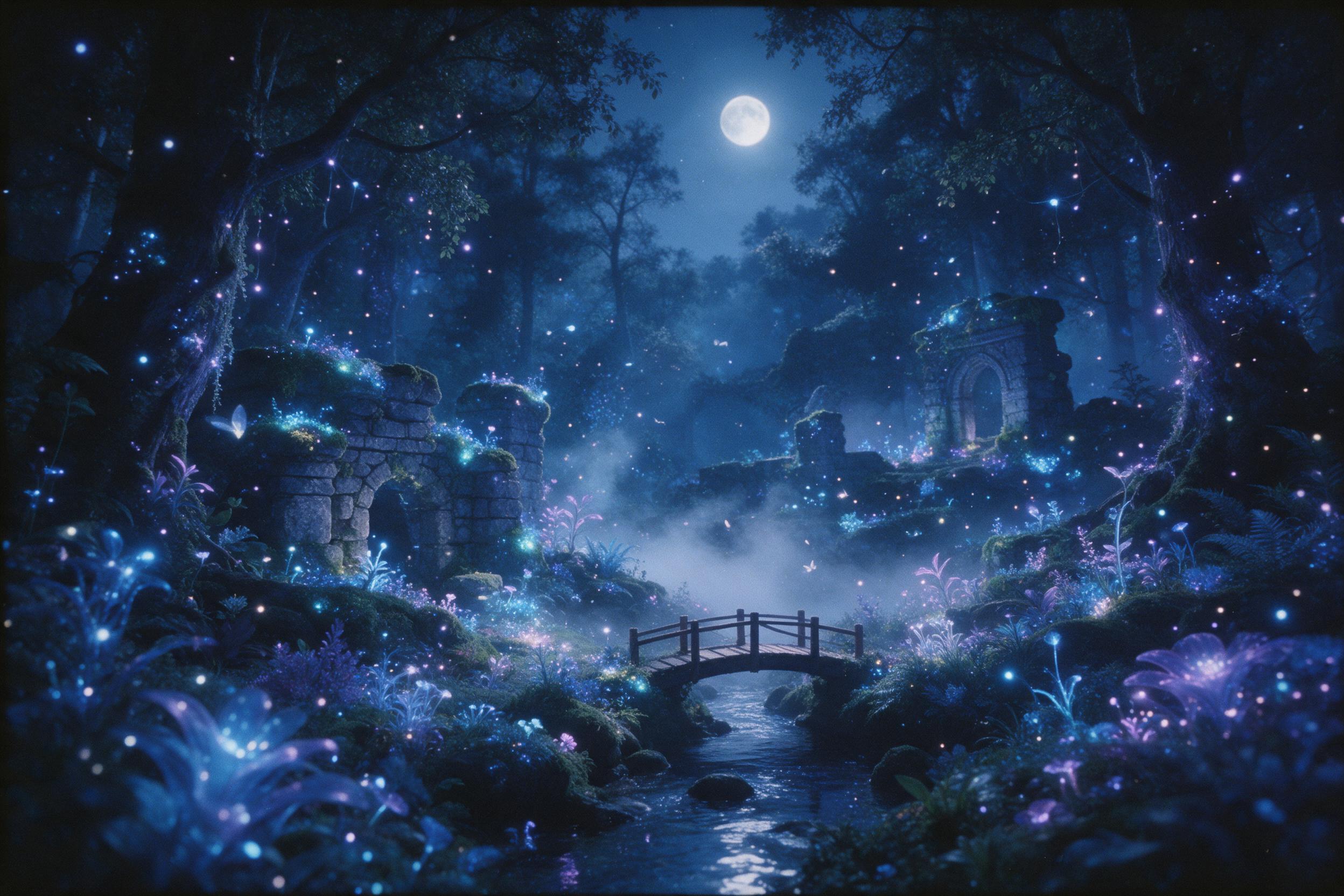 A moonlit enchanted forest, bioluminescent plants in blues and purples, delicate fairy lights drifting, ancient stone ruins covered in glowing moss, a small wooden bridge over a winding stream, mist rising, serene and magical atmosphere, soft blue and violet color palette, 35mm film style
