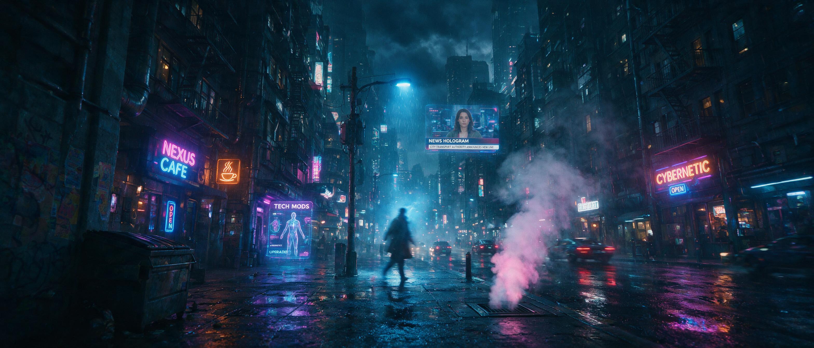 A neon-lit cyberpunk street at night, rain-slicked asphalt reflecting holographic signs, a lone figure in a trench coat walking under a flickering blue light, steam rising from a vent, slight motion blur, cinematic composition