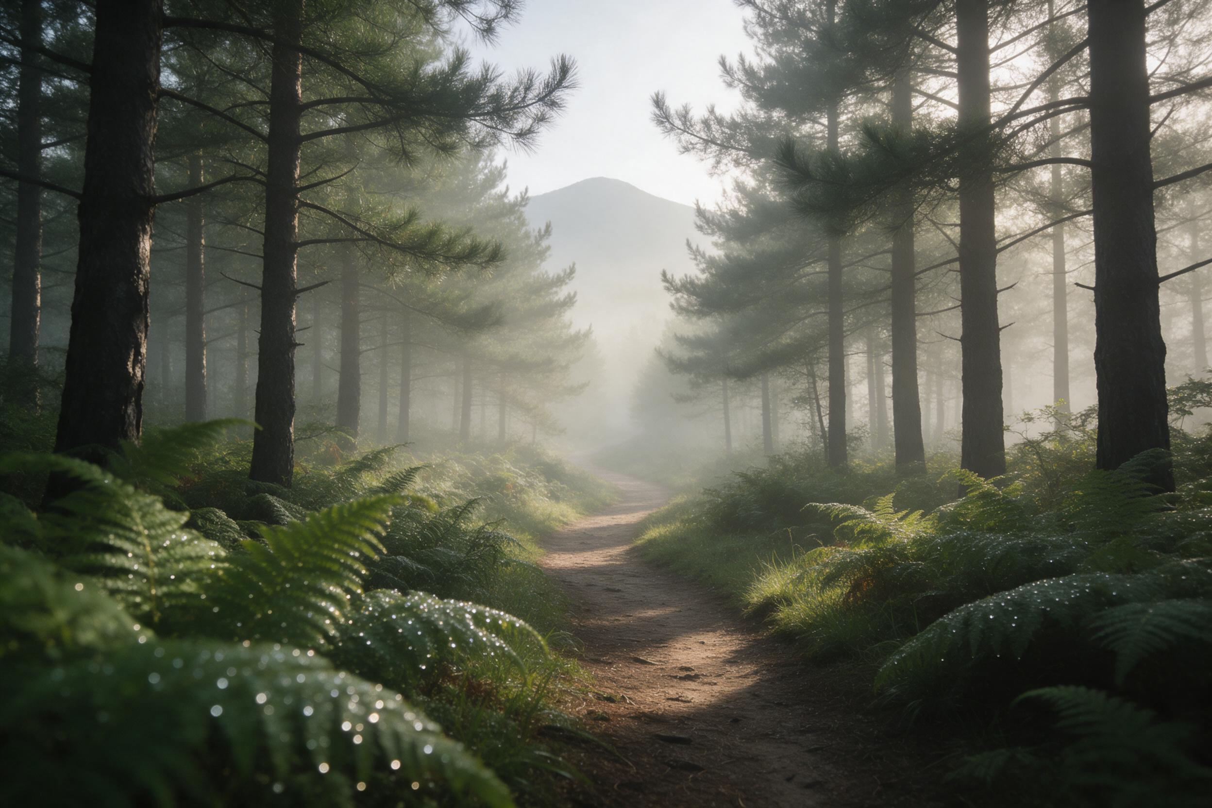 Misty morning in a pine forest, soft golden light filtering through the canopy, dew drops on ferns, winding dirt path leading to a distant mountain, tranquil atmosphere, shallow depth of field, gentle ambient shadows.