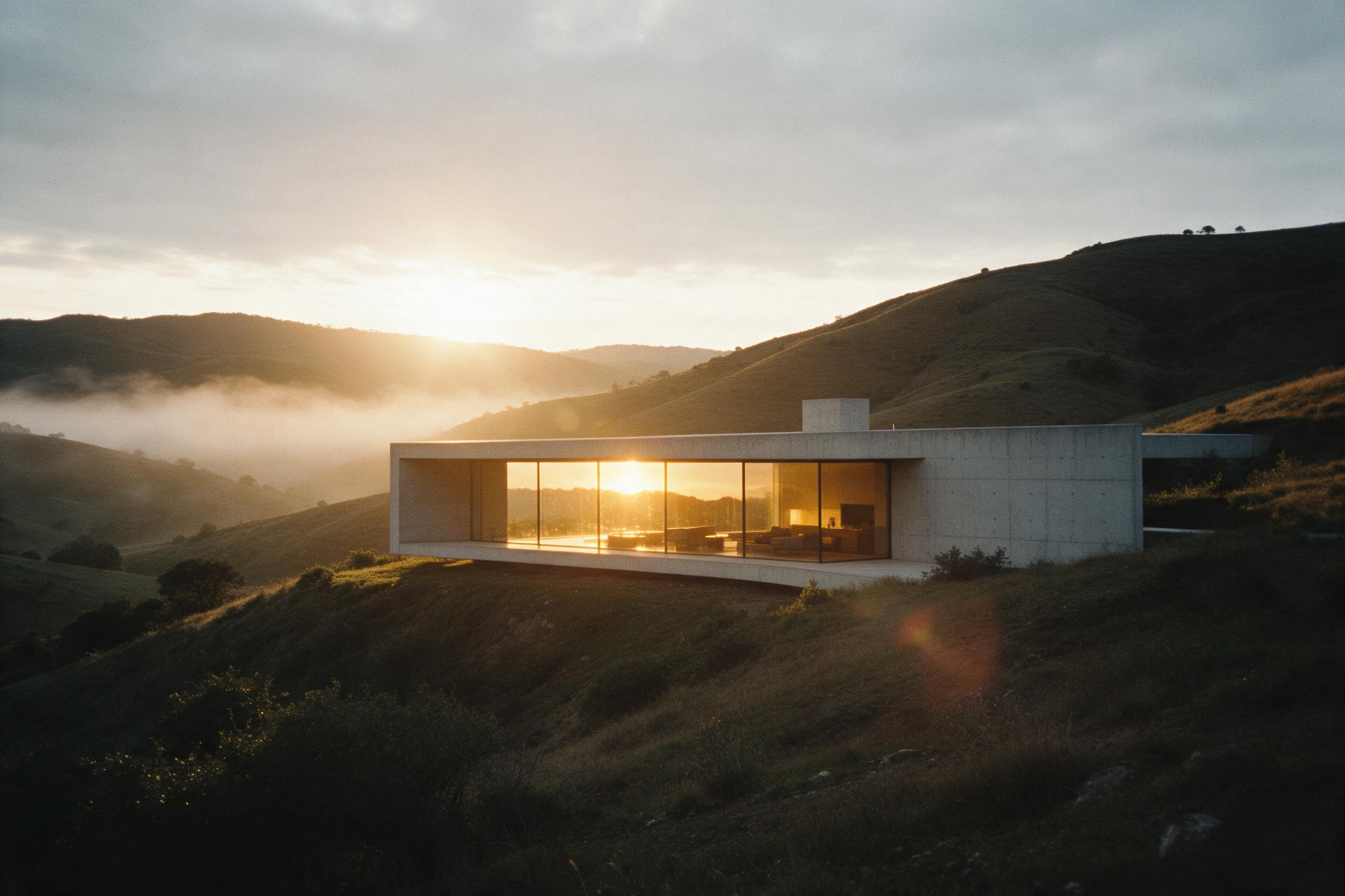 A serene shot of a minimalist concrete villa nestled among rolling hills, large glass walls reflecting the golden sunset, warm interior light glowing through, soft mist in the valley, slight overcast sky, shot on 35mm film, natural grain, subtle lens flare