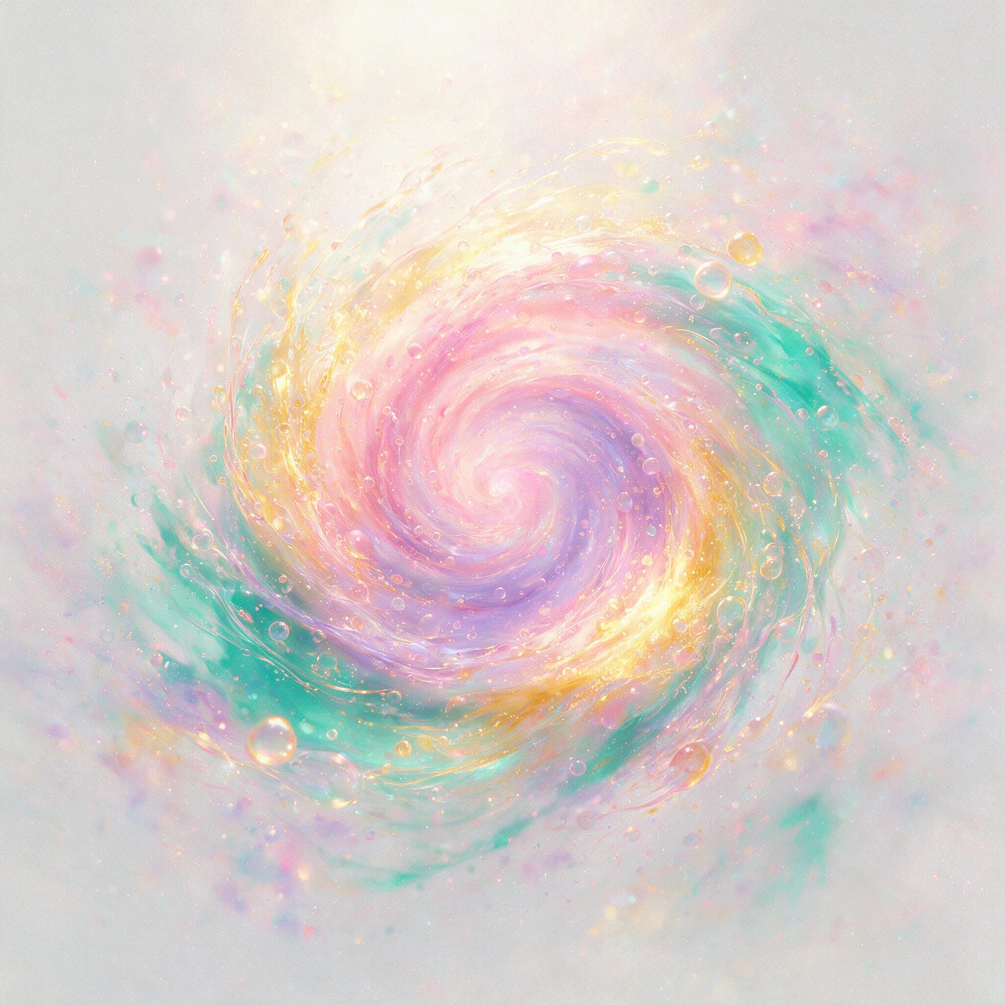 A swirling vortex of luminous pastel colors, soft gradients of pink and lavender merging into teal and golden yellow, textured with subtle bubbles and flowing lines, soft diffused light from above, minimal composition with negative space, slight grain for atmospheric depth.