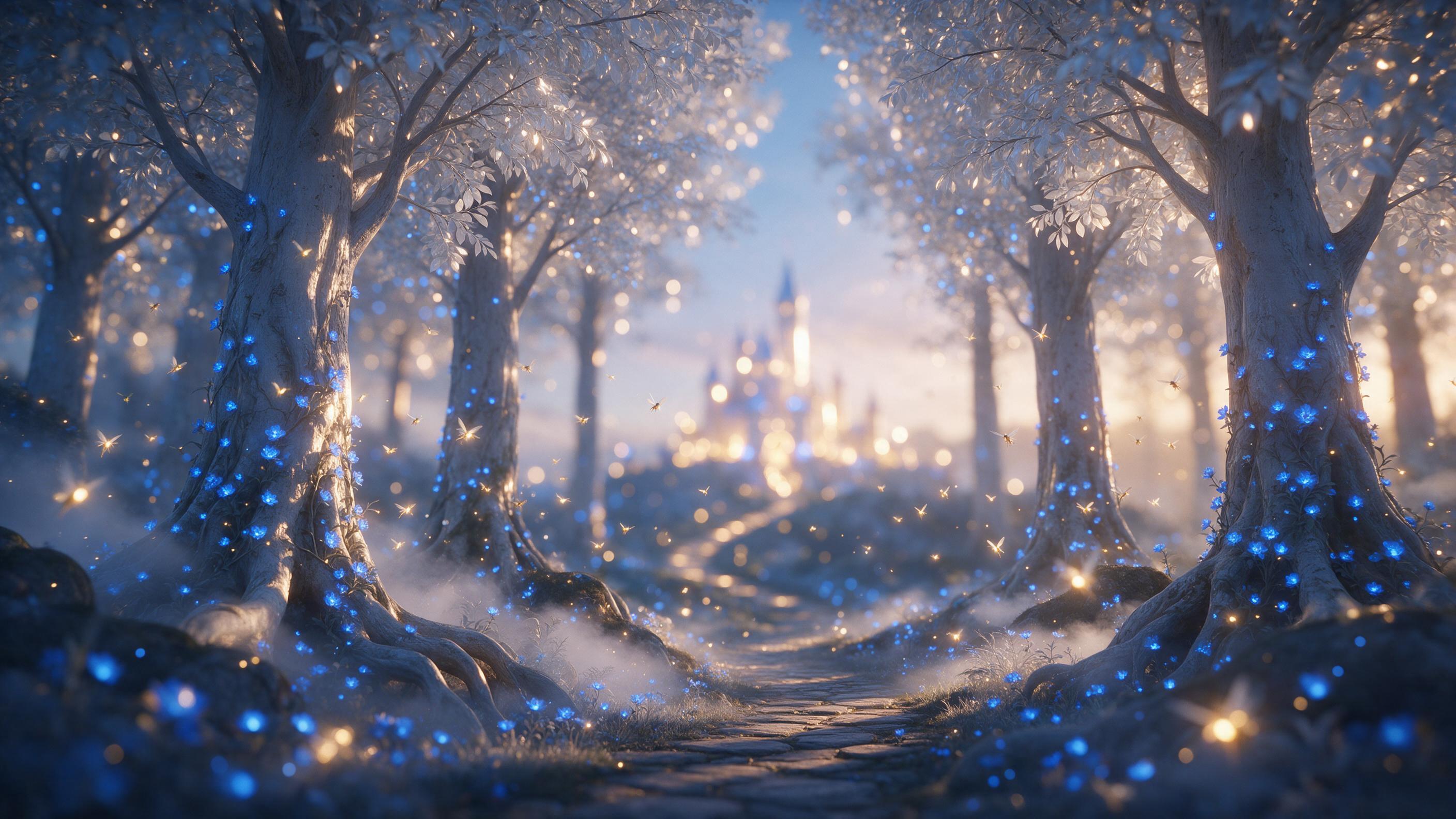 A luminous forest at twilight, towering silver-leafed trees with bioluminescent blue flowers, soft mist curling around roots, tiny winged creatures emitting warm golden light, a winding stone path leading to a distant glowing castle, creamy bokeh background, cool blue and warm gold color contrast, c