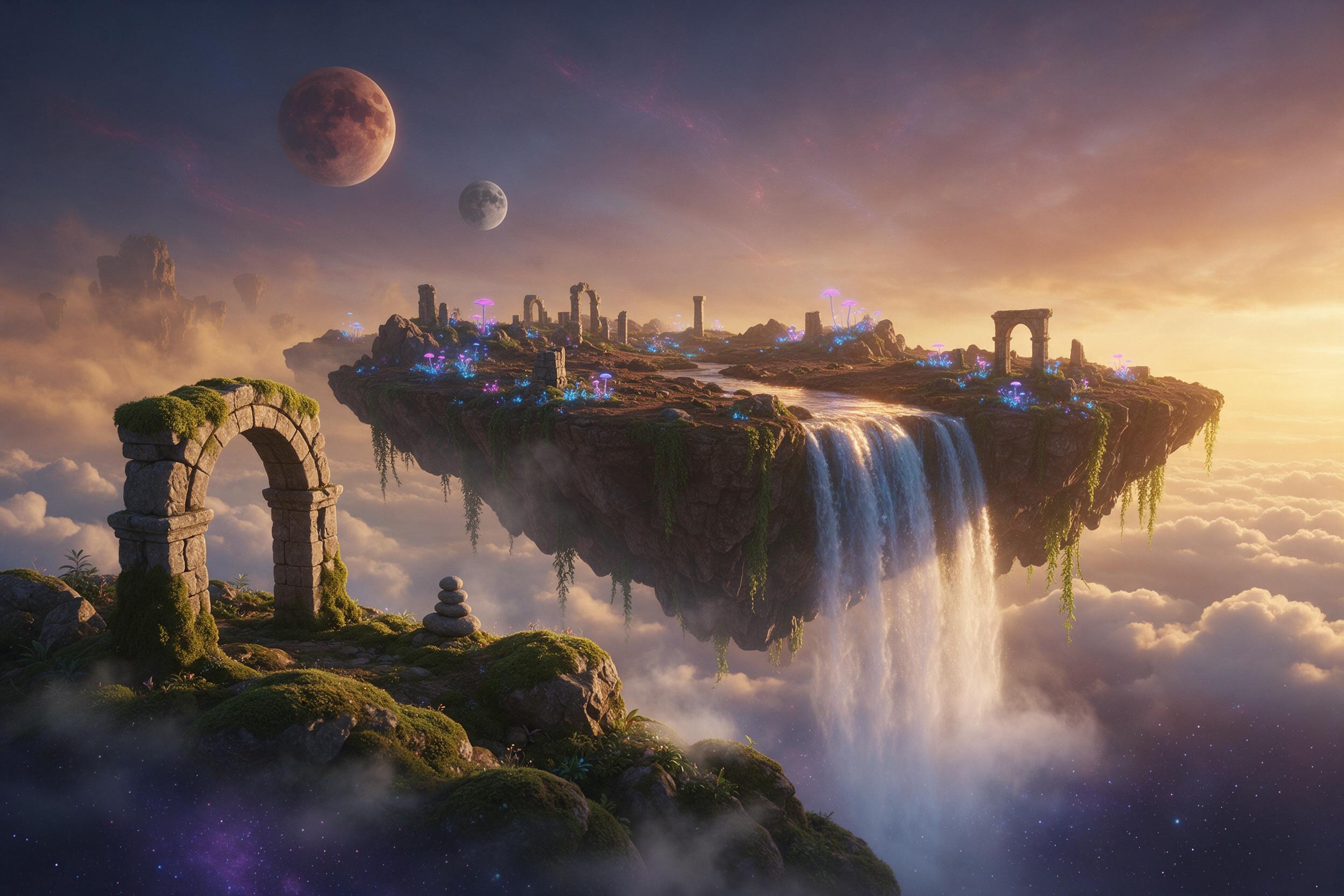 A floating island with a waterfall cascading into a void of stars below, bioluminescent flora glowing in soft blue and magenta, ancient ruined stone arches covered in moss, two moons in the dusty sky, cinematic golden rim light at dusk, gentle mist swirling, fantastical landscape, wide-angle composi