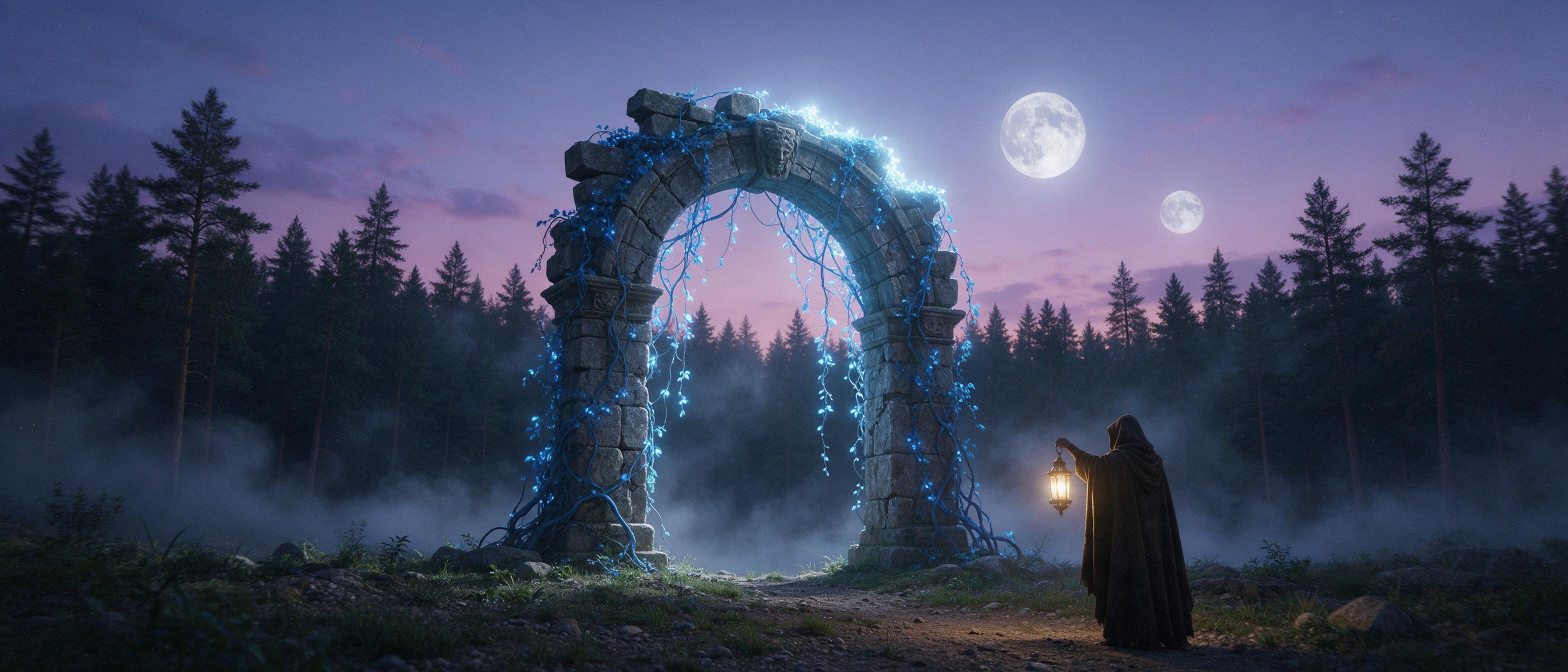 Ancient ruined stone archway overgrown with glowing blue vines at twilight, mist swirling from a dark forest behind, twin moons rising in faint purple sky, a cloaked figure with a lantern standing on the path below, cinematic wide shot with dramatic rim lighting, faint grain for texture.