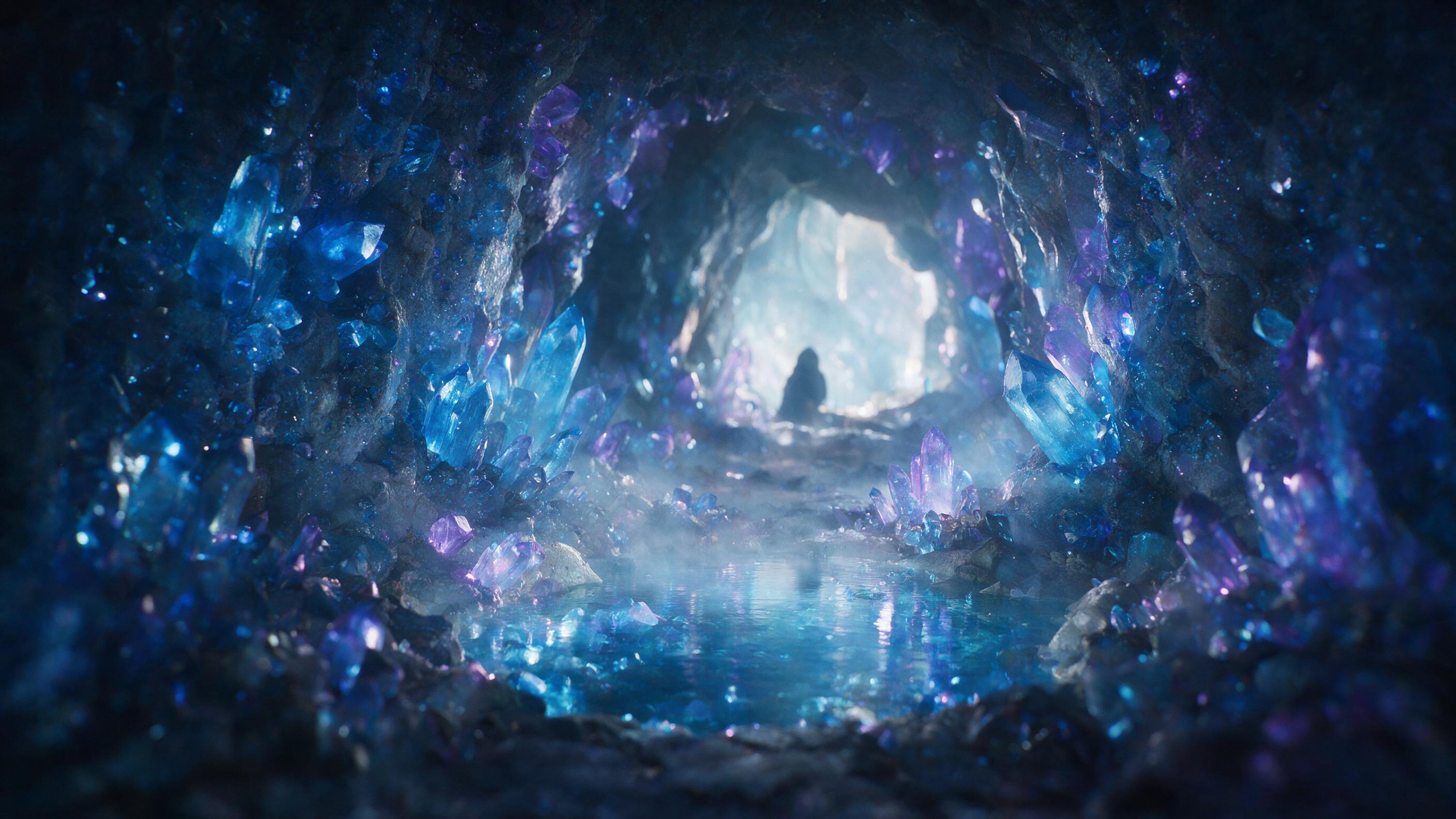A luminous crystal cave deep underground, glowing blue and purple crystals embedded in rough stone walls, a small pool of clear water reflecting the light, mist rising gently, faint silhouette of a hooded figure near the entrance, soft ethereal glow, shallow depth of field, cinematic lighting