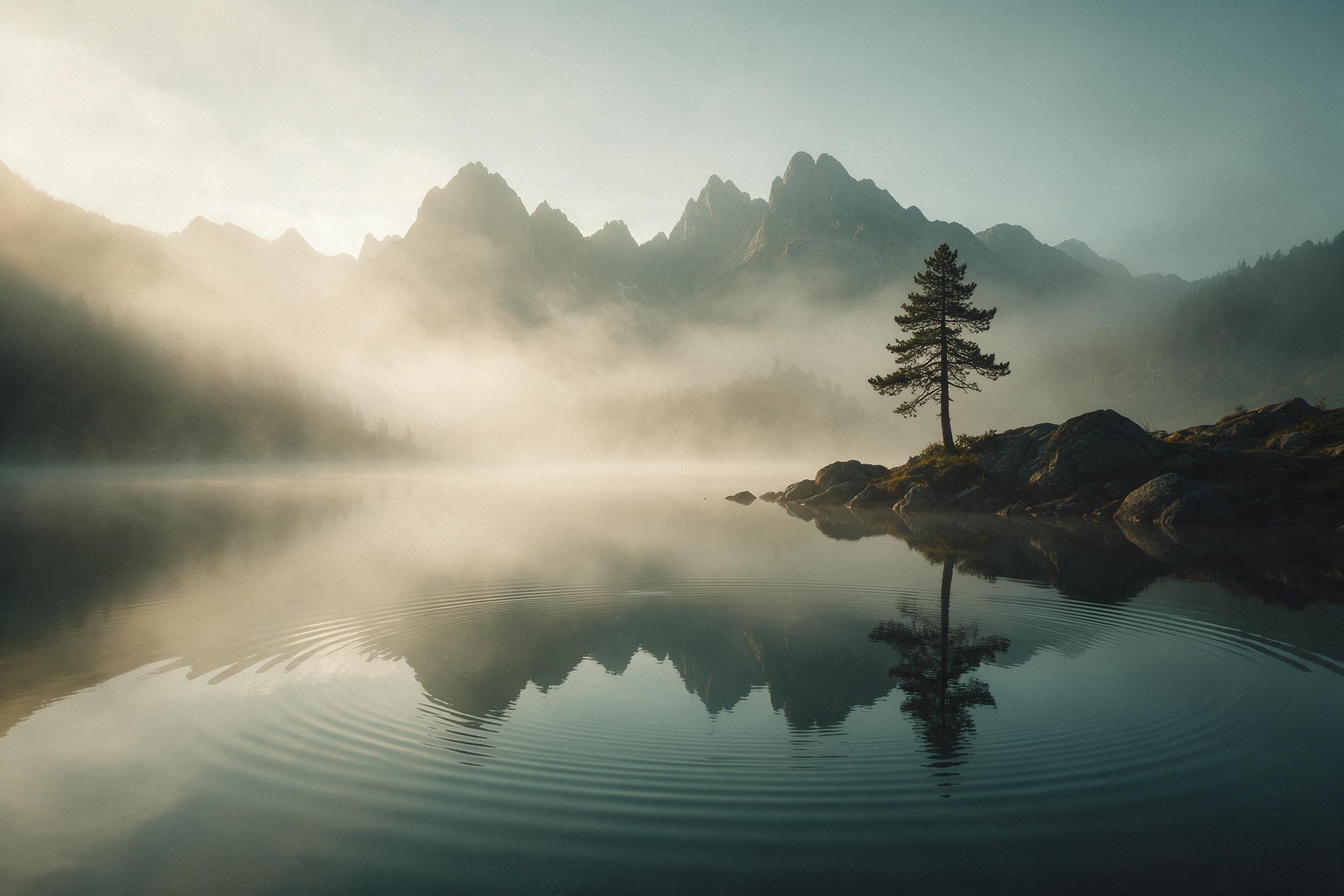 A misty alpine lake at dawn, mirror-like surface reflecting jagged peaks, soft golden light breaking through fog, lone pine tree on rocky shore, delicate ripples, muted teal and amber tones, natural lighting, slight grain