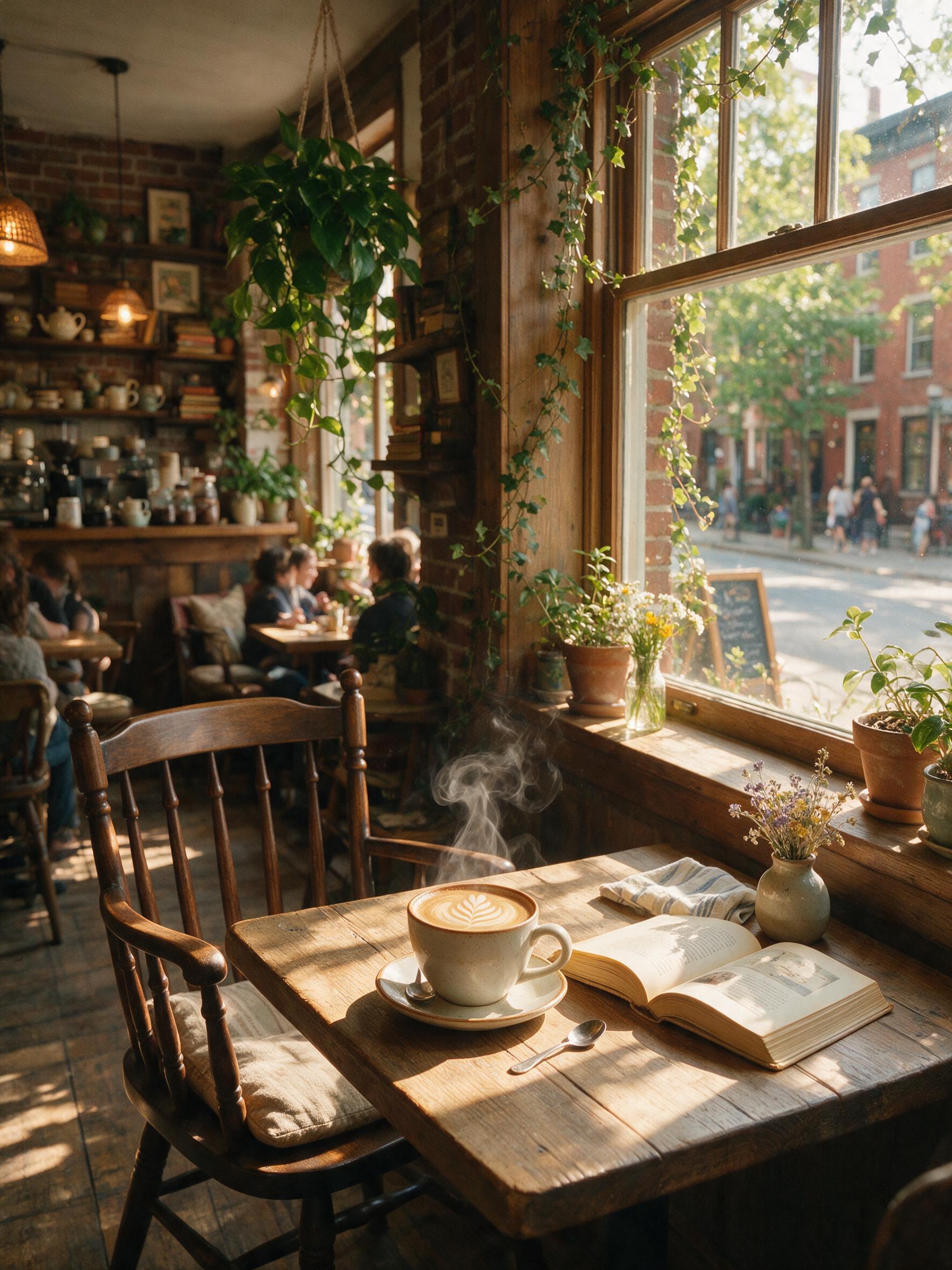 A cozy corner cafe interior, warm afternoon sunlight streaming through a large window, casting soft shadows on a wooden table with a steaming cup of coffee and an open book, slightly blurred background with hanging plants, natural lighting, shallow depth of field, slight film grain.