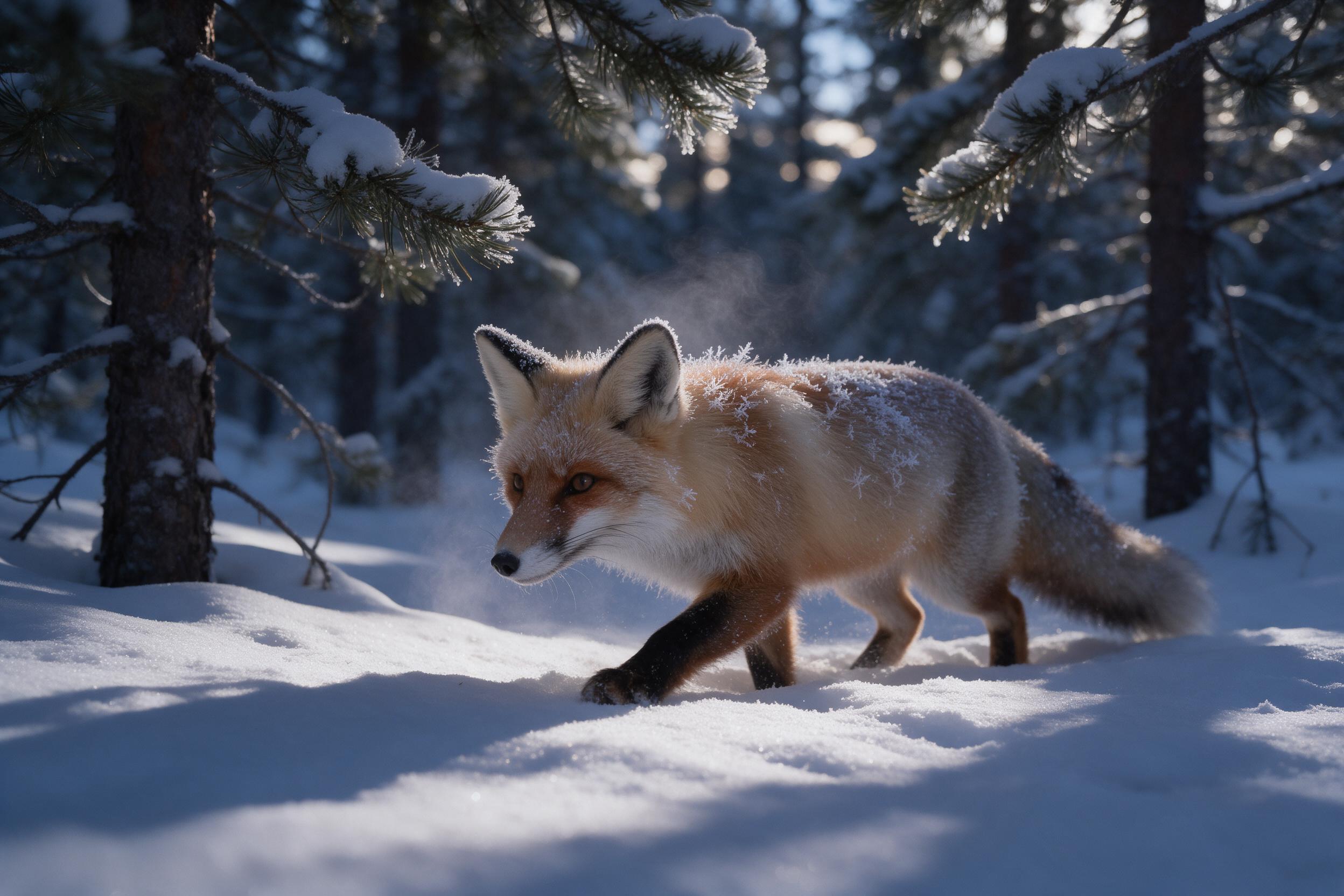 A red fox prowling through a snow-dusted pine forest at blue hour. Frost crystals cling to its fur, breath visible in the cold air. Soft, diffused light filters through branches, casting long shadows on the untouched snow. Shallow depth of field, muted arctic palette.