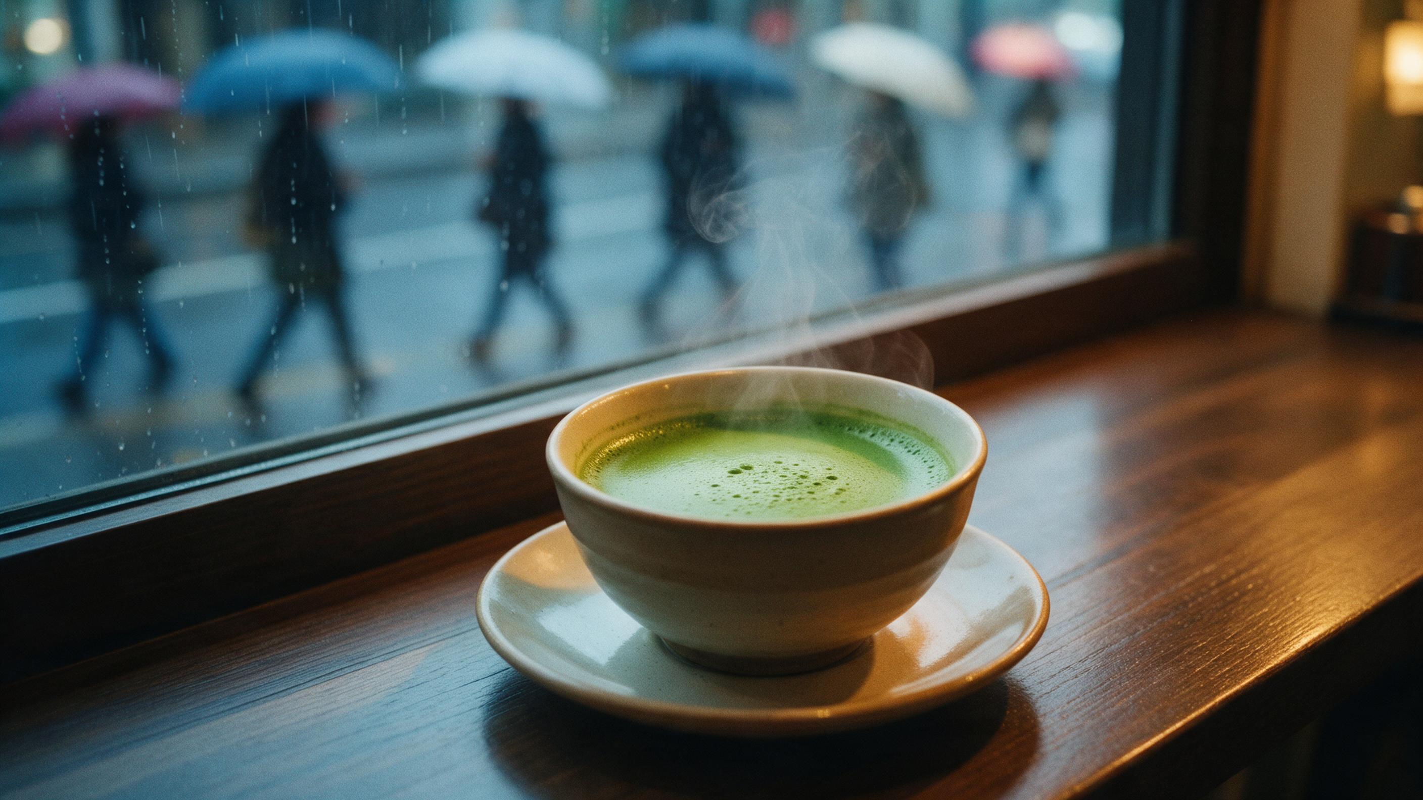 Cozy rainy afternoon in a Kyoto cafe, a steaming cup of matcha on a wooden counter, blurred pedestrians with umbrellas outside large window, warm indoor lighting contrasting cool blue outdoor light, shallow depth of field, gentle raindrop streaks on glass, film grain