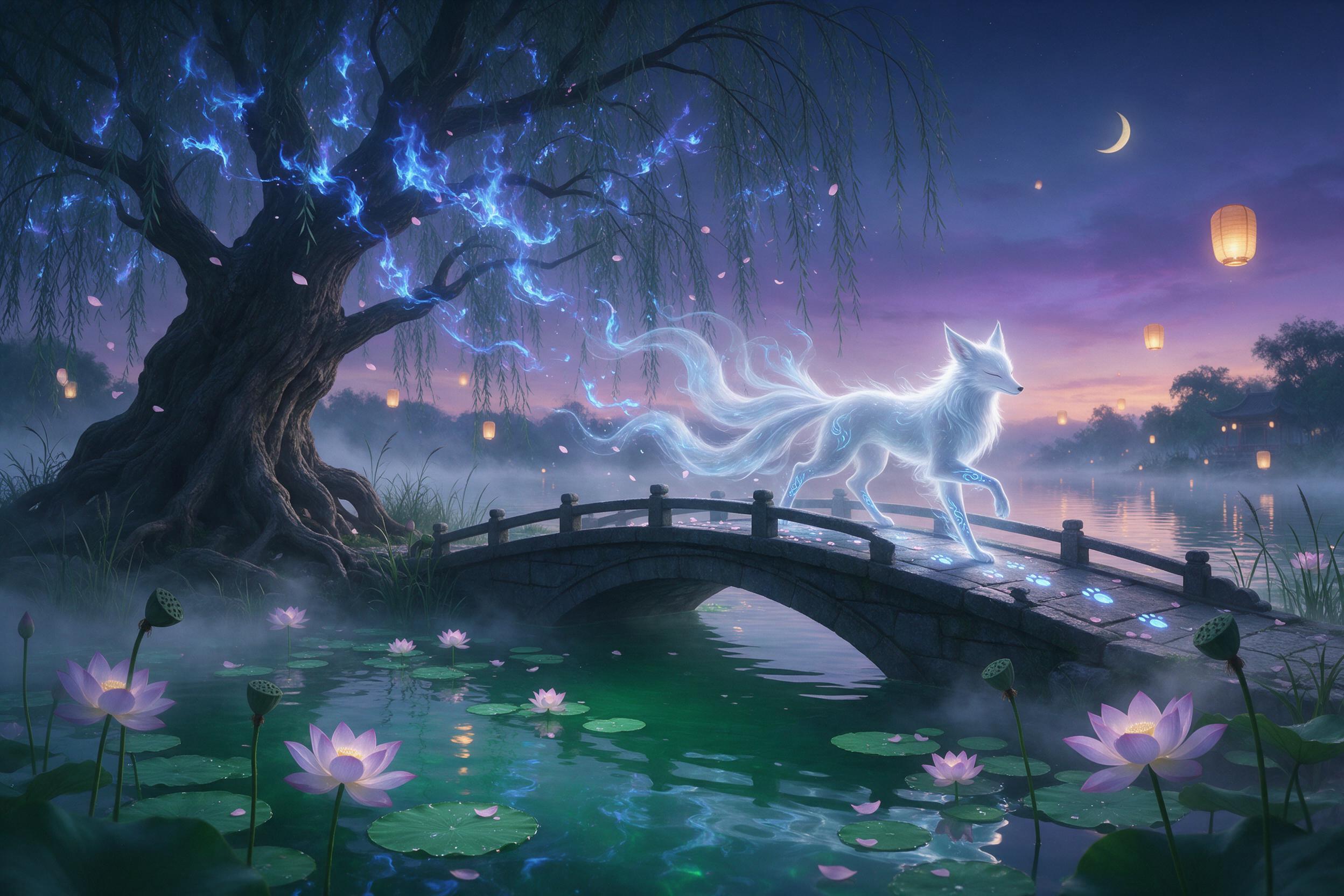 A glowing lotus pond at twilight beneath a giant ancient willow, its branches intertwining with soft blue wisps of magical fire. A translucent ethereal fox steps across a small stone bridge, leaving shimmering paw prints. Mist hangs low over emerald water, reflecting a crescent moon and floating lan