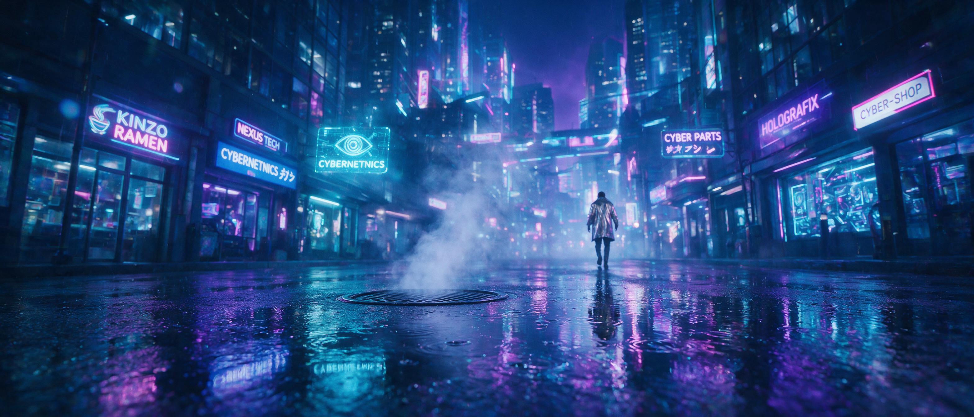 A neon-lit cyberpunk street at midnight, rain-slicked asphalt reflecting violet and cyan holographic signs, steam rising from a grille, a lone figure in a metallic trench coat walking away, slight lens flare, dynamic perspective from low angle, shallow depth of field, cool blue and magenta tones, ci