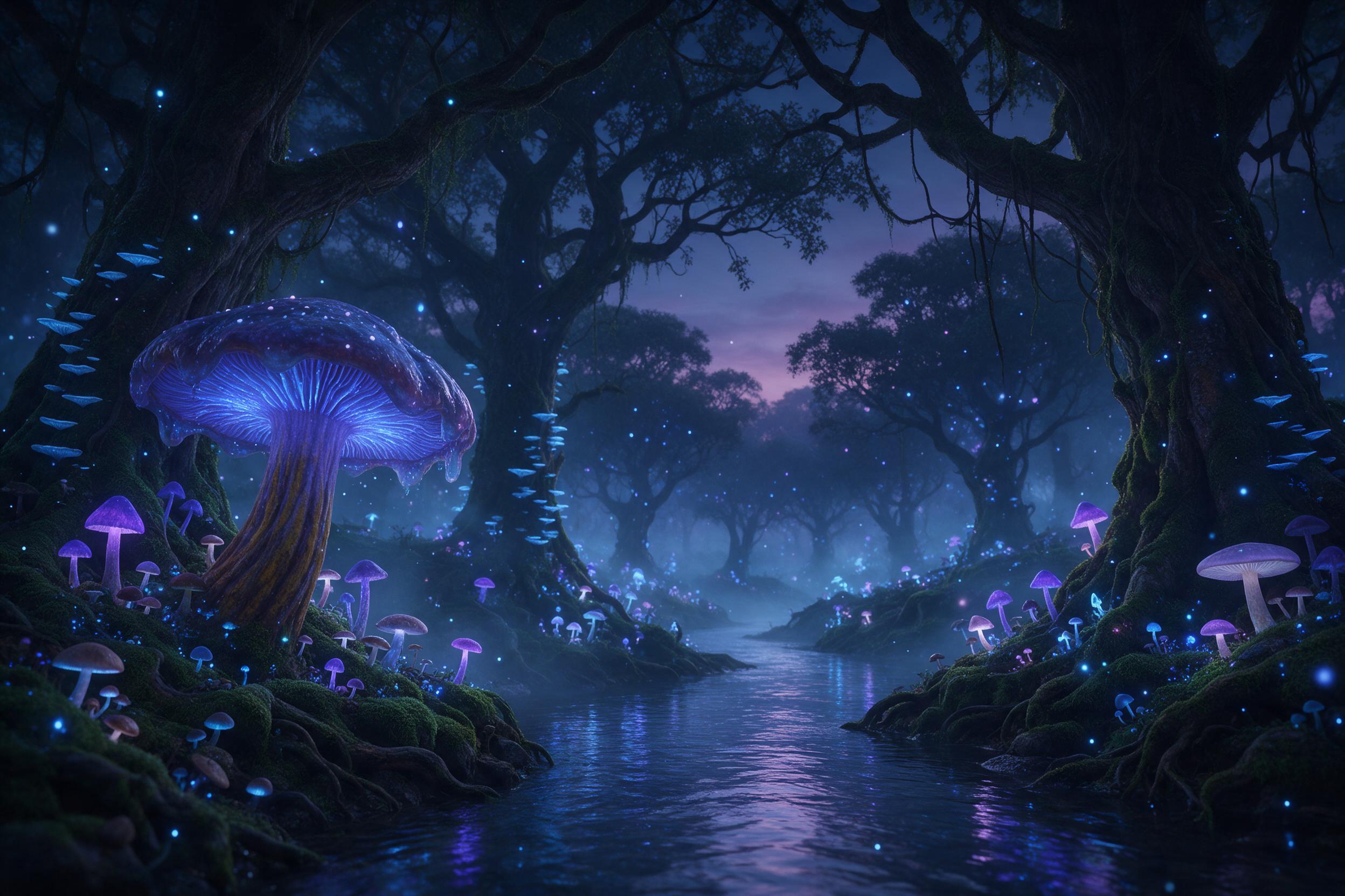 An ethereal glowing forest at twilight, where giant luminescent mushrooms and floating spores cast soft blue-violet light on mossy ground, a winding river reflects the bioluminescent canopy, gentle mist weaves between ancient trees, the air thick with magic and mystery, composition centered on a ser