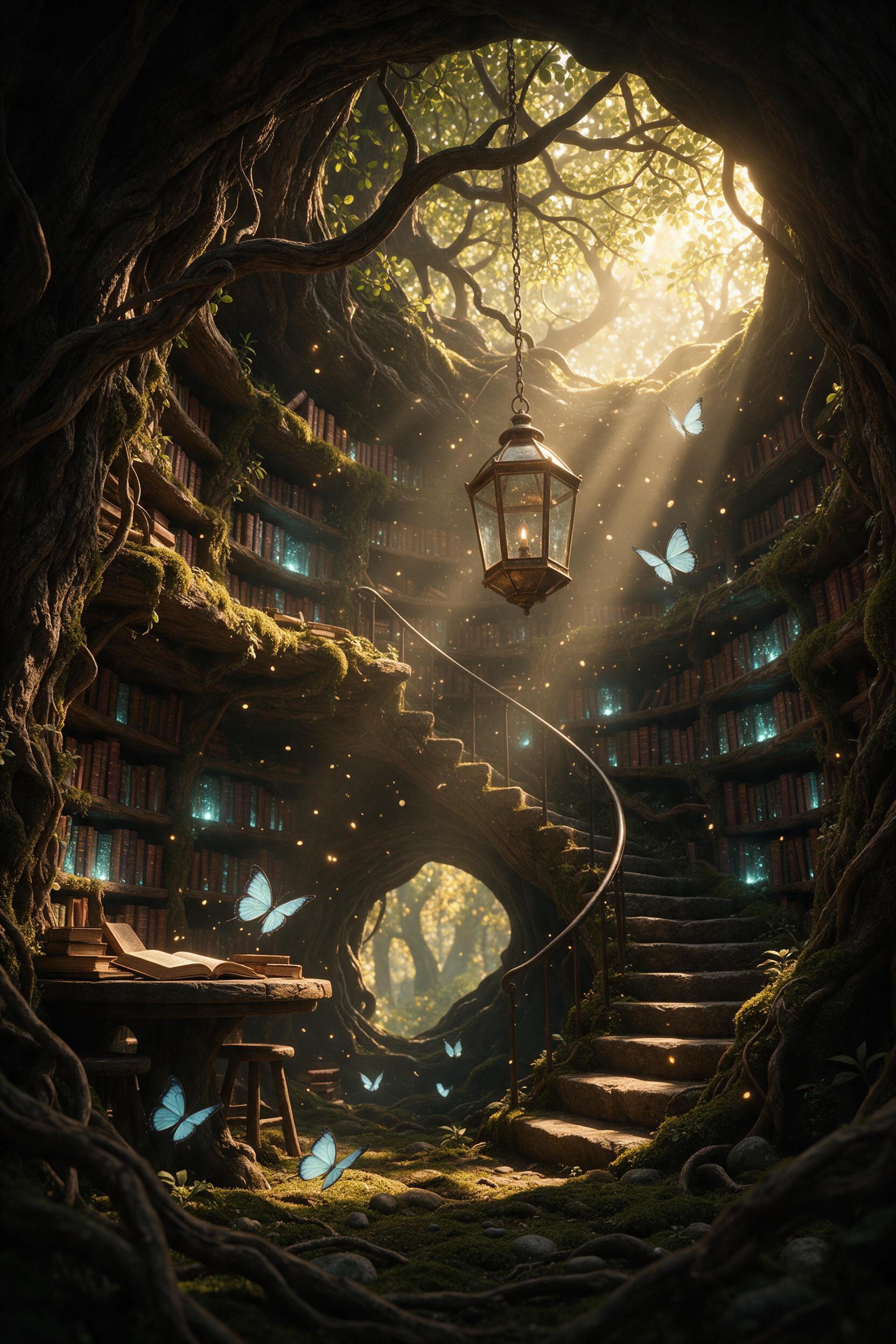 An ancient overgrown library hidden within a giant hollow tree, sunbeams filtering through translucent leaves, floating motes of golden light, a stone spiral staircase winding up the trunk, books glowing softly on mossy shelves, ethereal blue butterflies, cinematic composition, deep shadows, warm ri