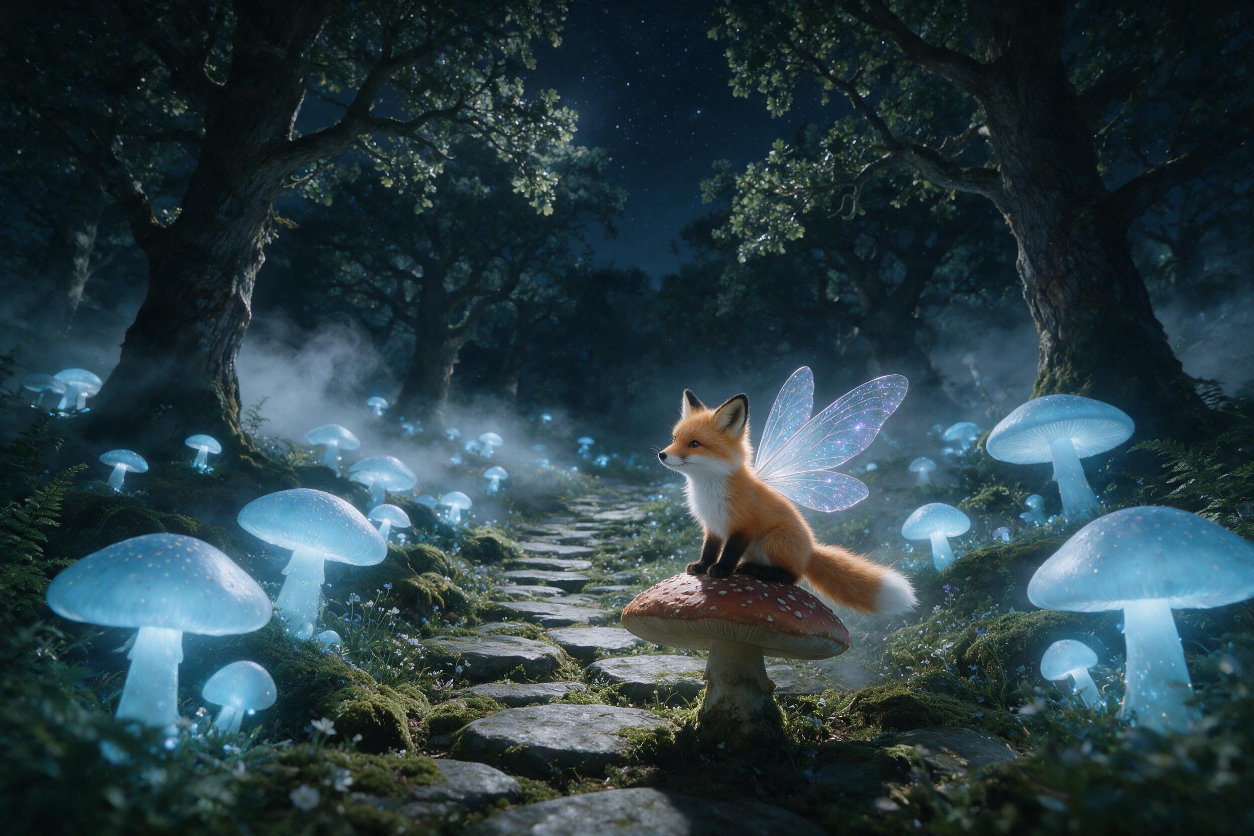 A moonlit forest clearing where giant glowing mushrooms cast soft blue light on a mossy stone path, a tiny fox with translucent wings perched on a toadstool, mist weaving through ancient oaks, ethereal atmosphere, low-angle composition, naturalistic fantasy realism with subtle film grain.
