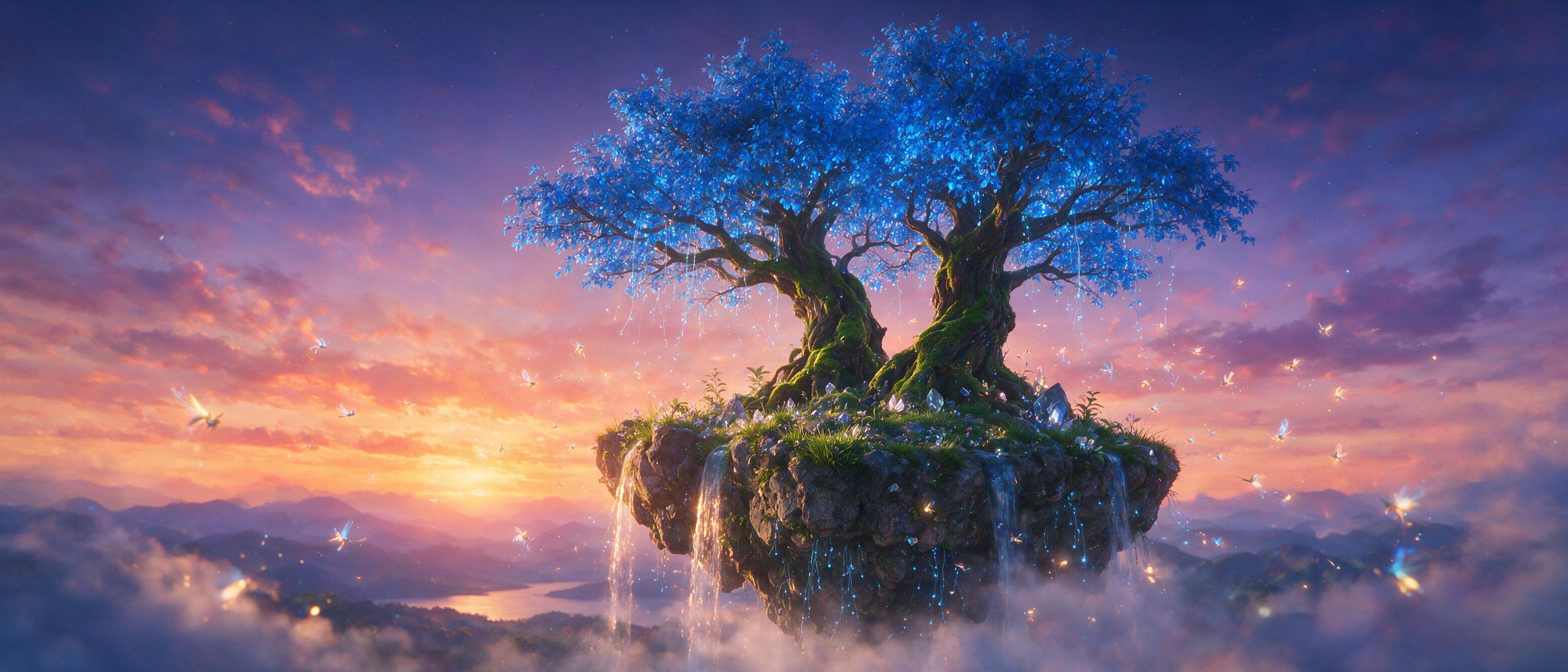 A luminous floating island drifts in a twilight sky, ancient gnarled trees with glowing blue leaves, small bioluminescent creatures darting through the air, soft mist at the base, sunset colors in the distance, cinematic composition, ethereal atmosphere