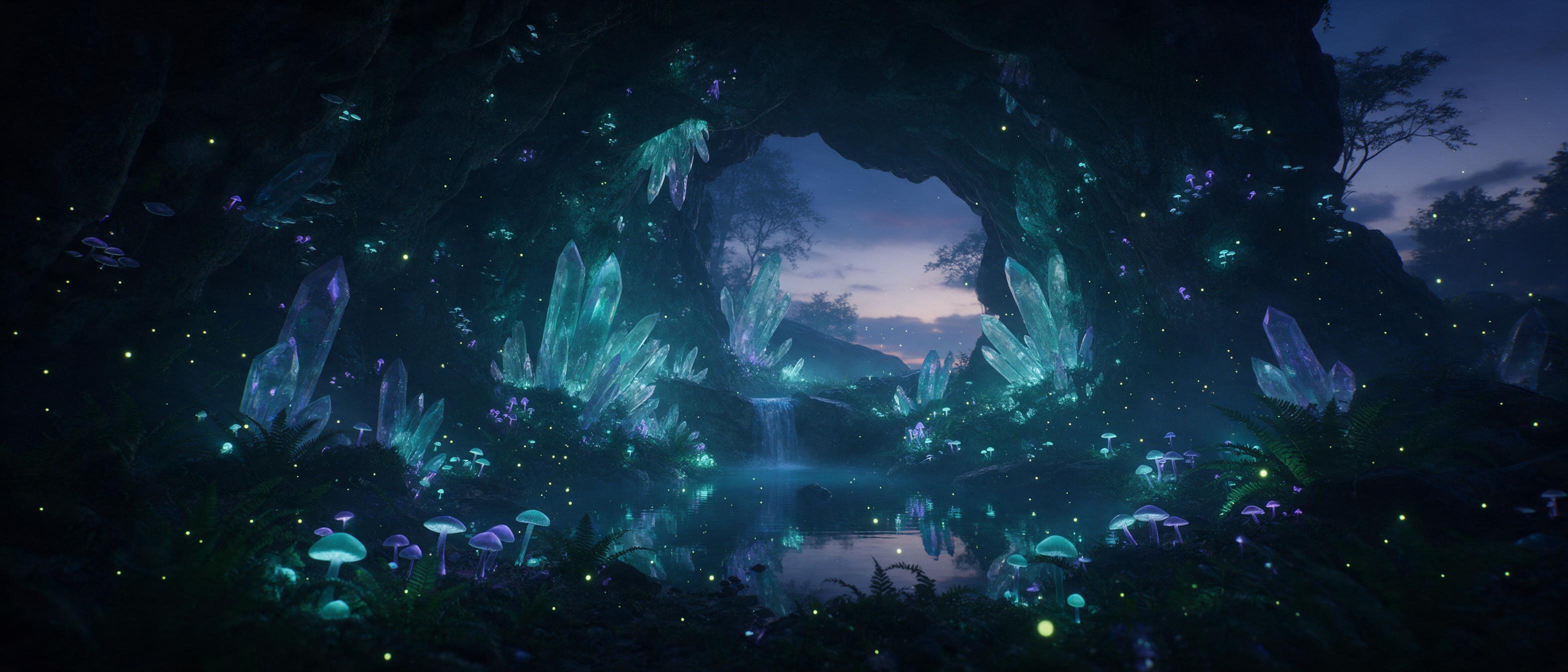 A glowing crystal cavern under a twilight sky, bioluminescent mushrooms and ferns casting soft teal and violet light, a small waterfall feeding a mirror-like pool, fireflies drifting like stars, misty atmosphere, wide-angle composition with dramatic chiaroscuro