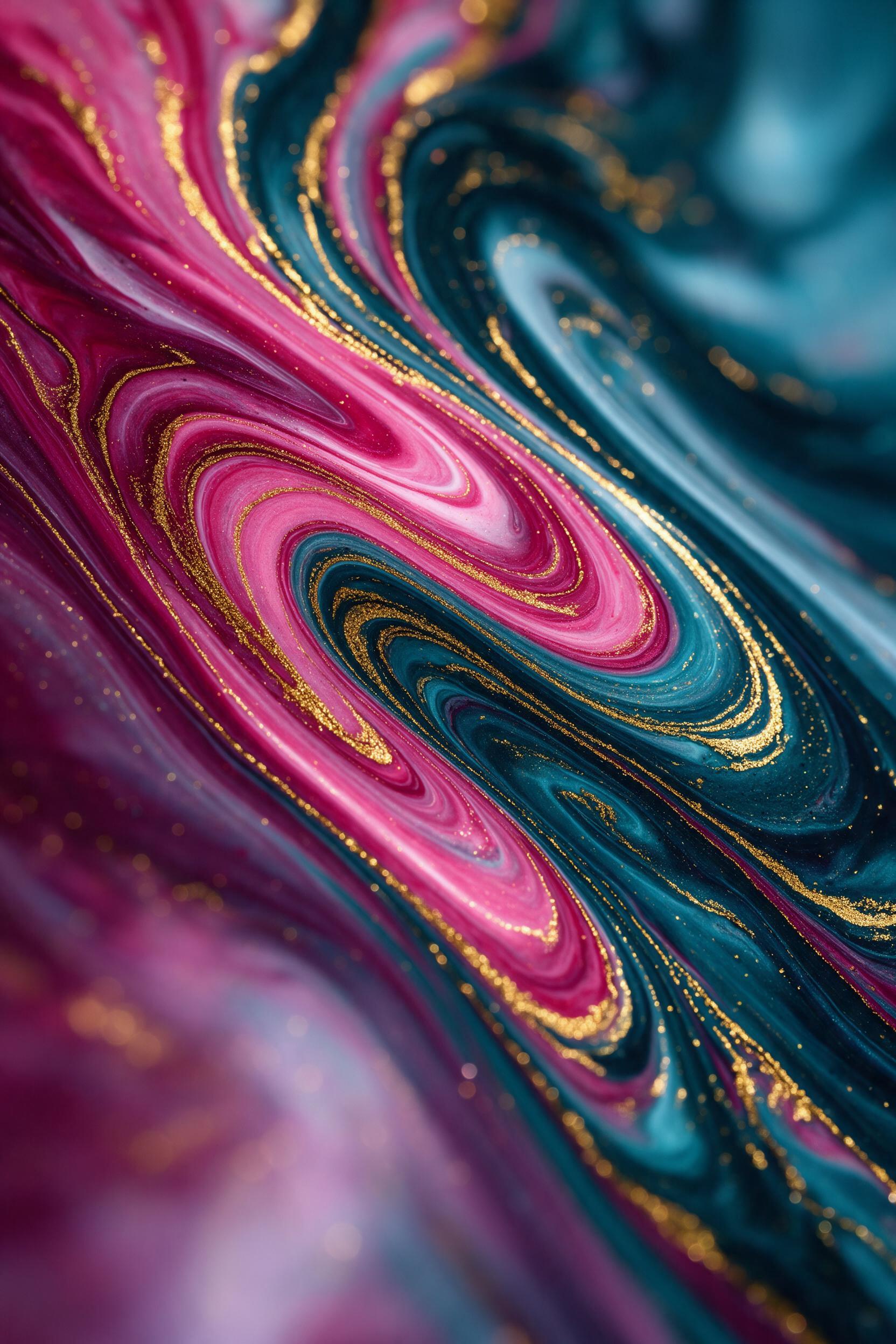 Vibrant fluid art in mid-swirl, glossy magenta and teal paints interweaving with gold veins, soft studio lighting, macro texture detail from above, clean minimal composition with negative space, no text or frames.