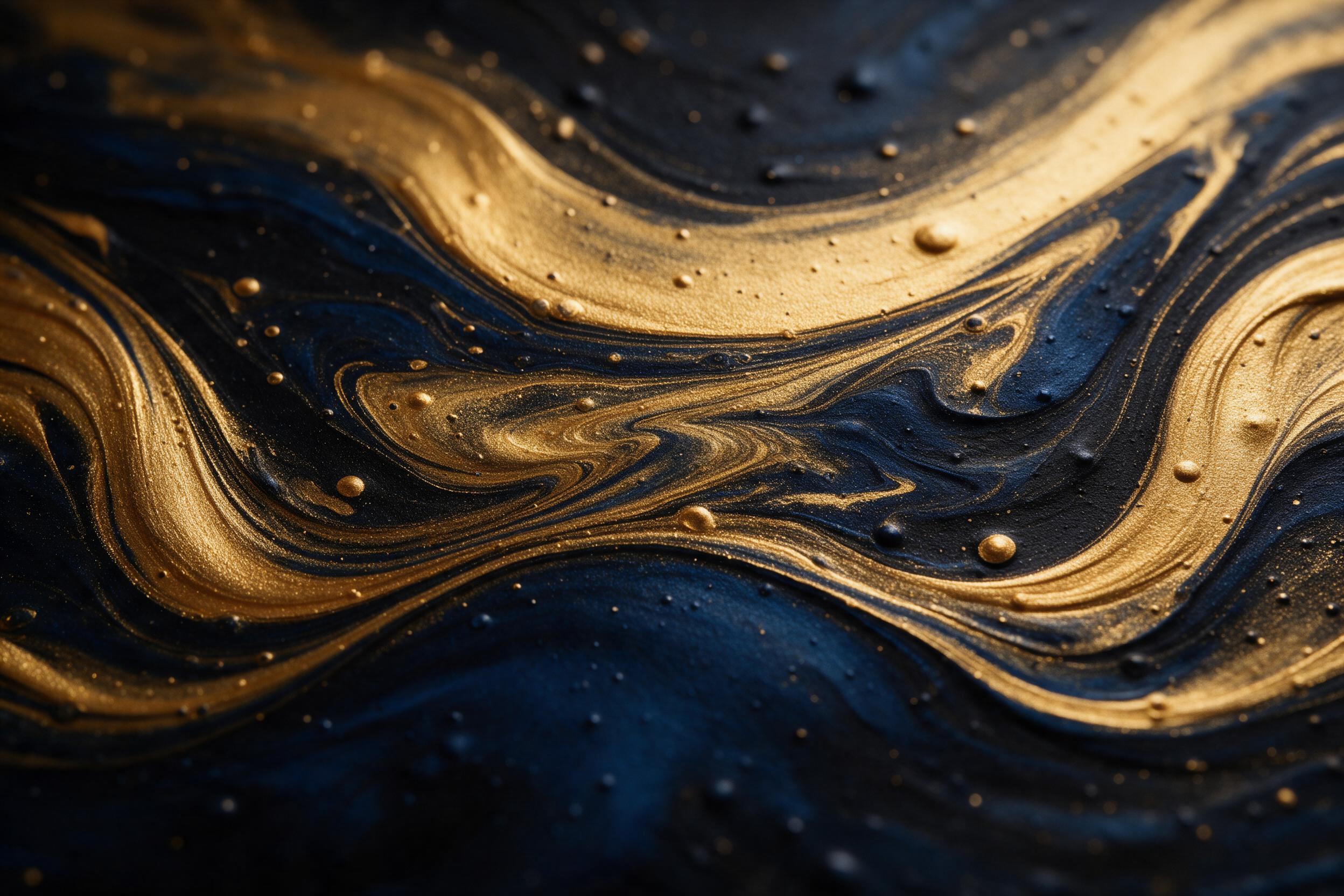 A fluid abstract composition of molten gold and deep indigo oil paint swirling together on a black canvas, with fine bubbles and subtle brush ridges catching warm side light, macro lens perspective, shallow depth of field, soft reflections creating a velvety, tactile texture. No text, no people.