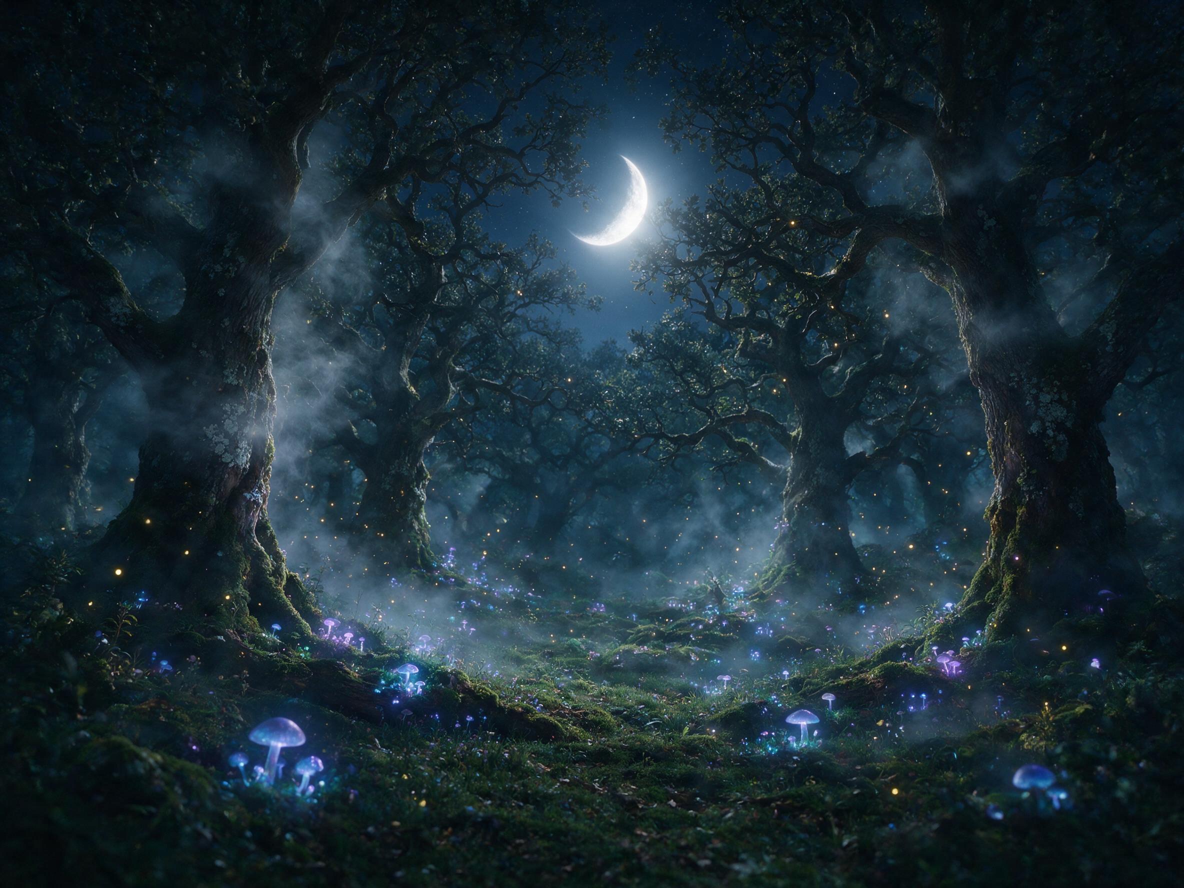 A moonlit forest clearing with bioluminescent mushrooms glowing in soft blue and purple hues, a gentle mist swirling around ancient oak trees, fireflies dancing in the air, natural lighting from a crescent moon above, slight camera shake for a dreamy feel, no harsh shadows, no overexposed elements.