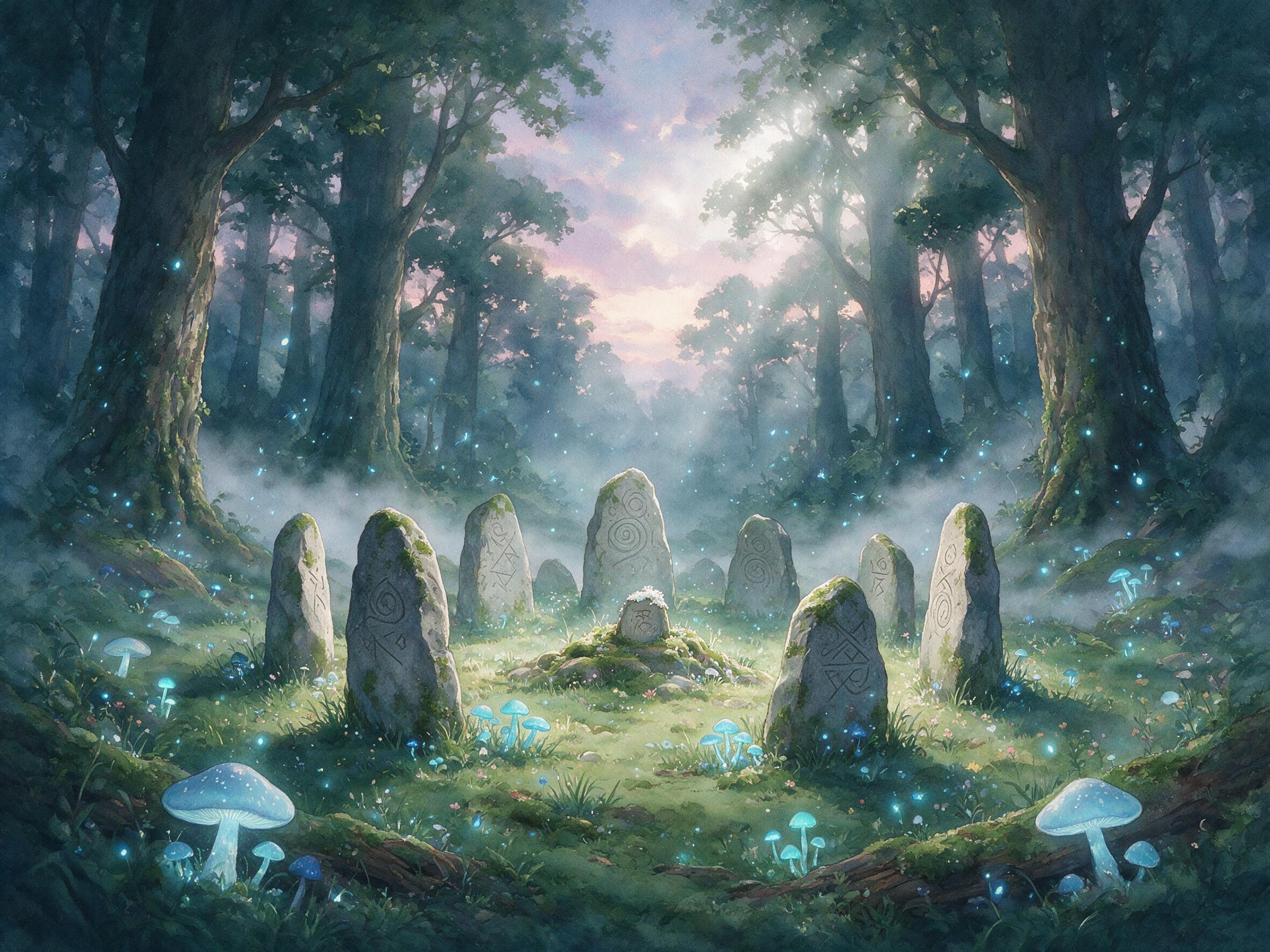 A hidden forest glade at twilight, glowing mushrooms and blue fireflies, a small stone circle with runes, misty air, soft moonlight filtering through ancient trees, subtle lens flare, ethereal atmosphere, watercolor texture