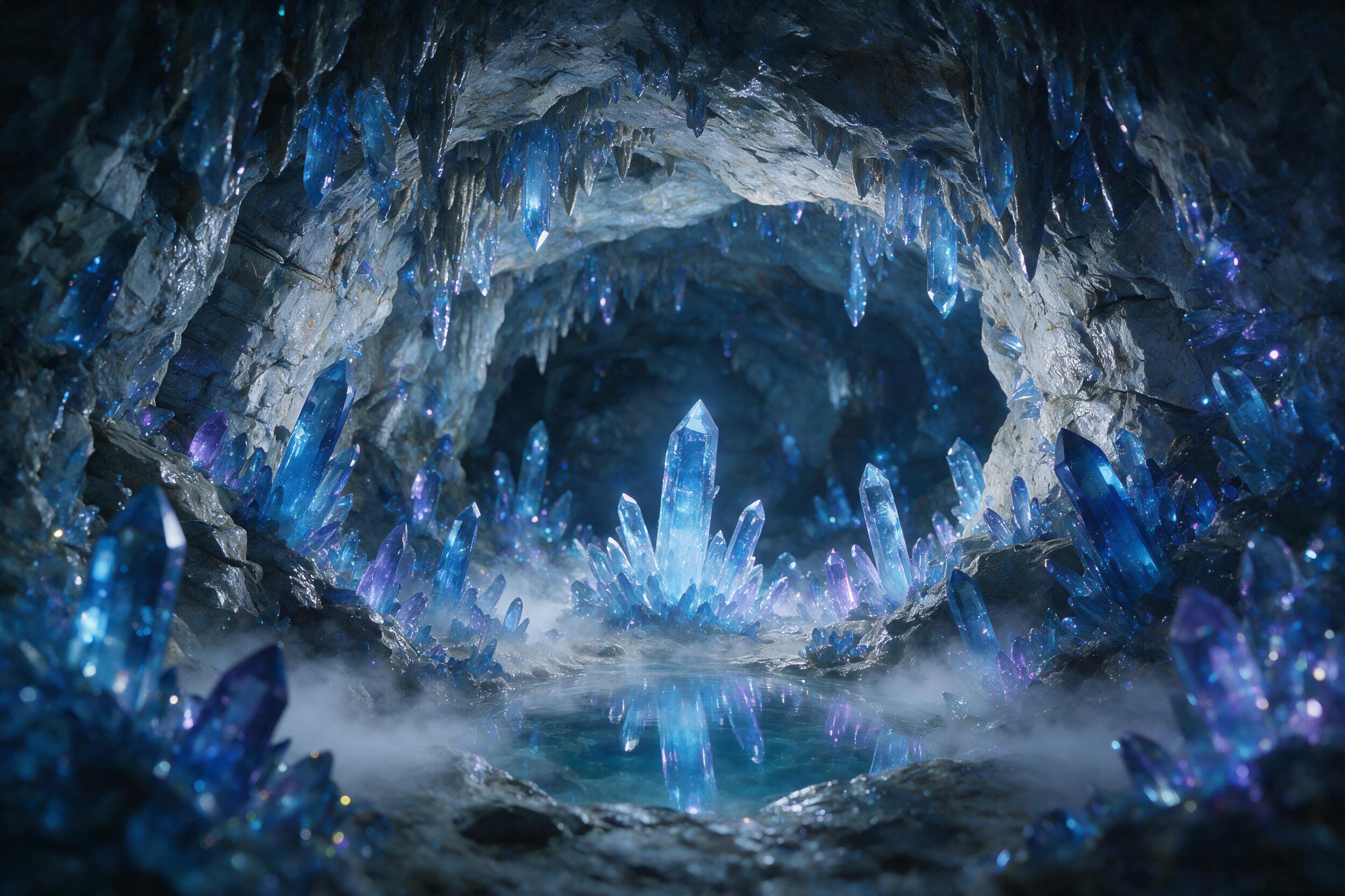 A luminous crystal cave deep underground, glowing blue and purple crystals embedded in rough stone walls, a small pool of clear water reflecting the light, soft mist rising, ethereal atmosphere, dim ambient light from crystals, natural stone texture, shallow depth of field focusing on the central cr