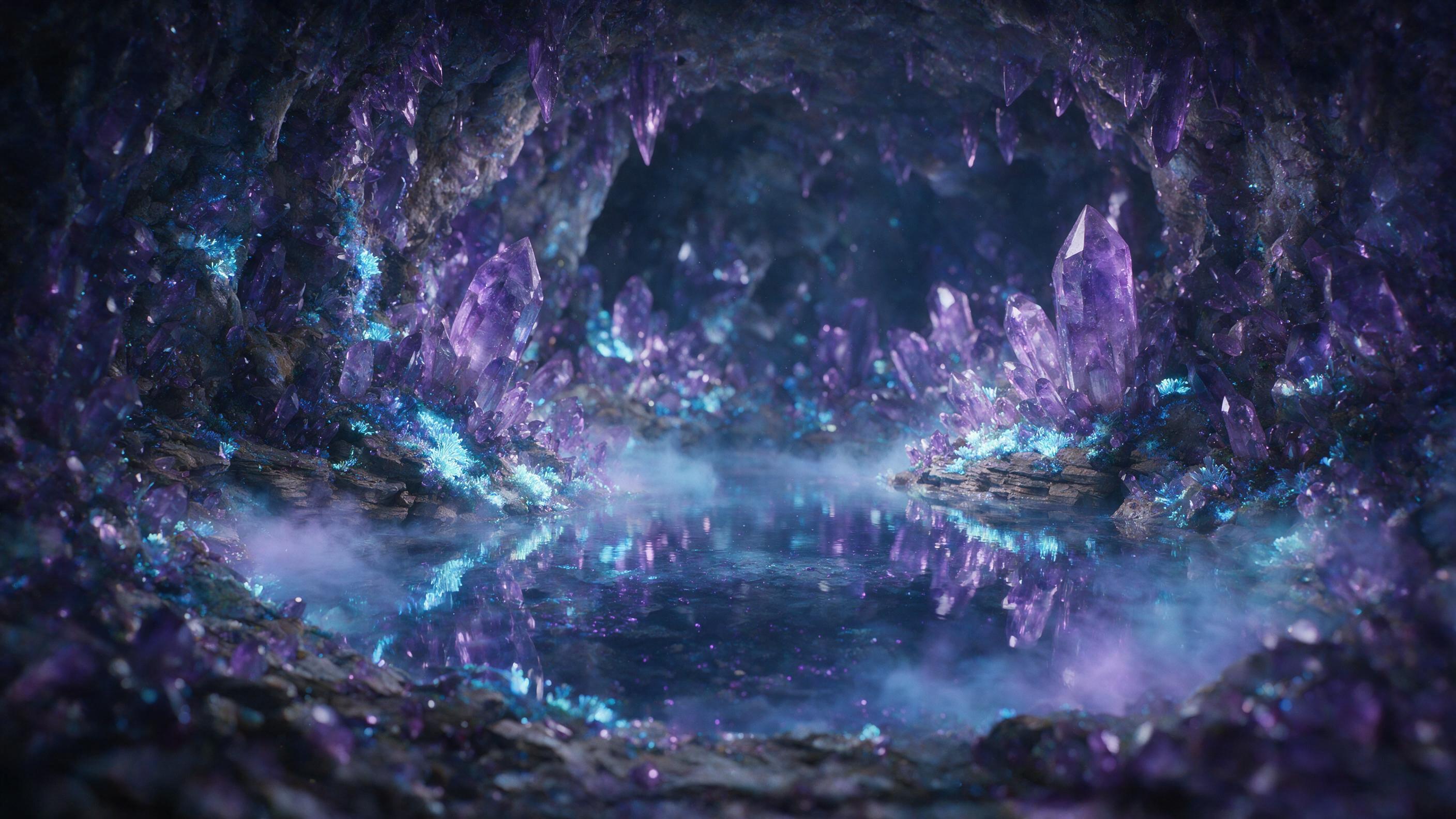A luminous crystal cave deep underground, bioluminescent moss clinging to jagged purple amethyst walls, a calm pool reflects soft blue light, mist swirling near the water's surface, natural ambient glow from the crystals, slight dust particles in the air, shallow depth of field focusing on the pool'