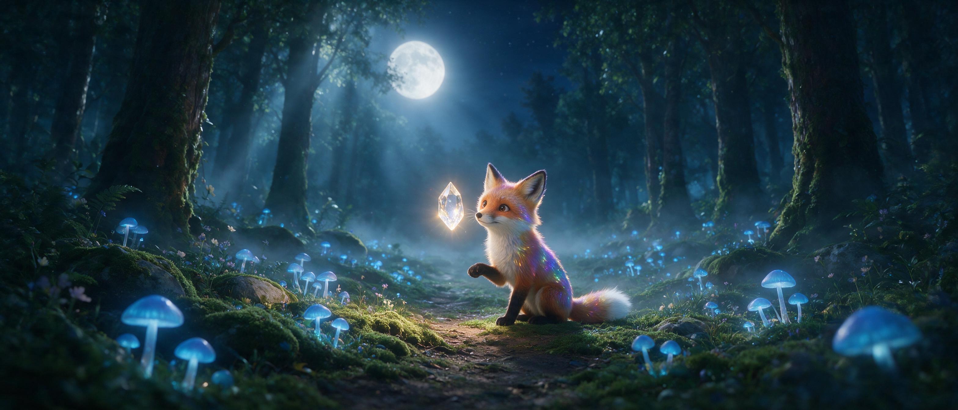 A moonlit forest clearing where glowing blue mushrooms illuminate a winding path, a small fox with iridescent fur sits gazing at a floating crystal, soft mist, ethereal atmosphere, cinematic composition, natural light beams filtering through canopy