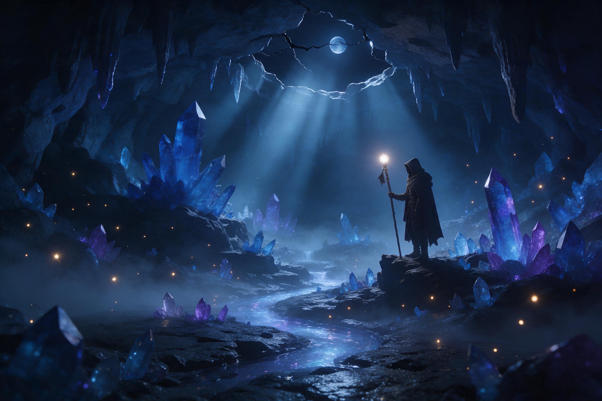 A moonlit crystal cavern, luminescent blue and purple crystals jutting from wet stone floor, a small glowing stream winding through, ethereal mist, a lone hooded figure with a glowing staff standing on a rock, moonlight beams piercing from a crack above, warm fireflies, color palette of deep blues a