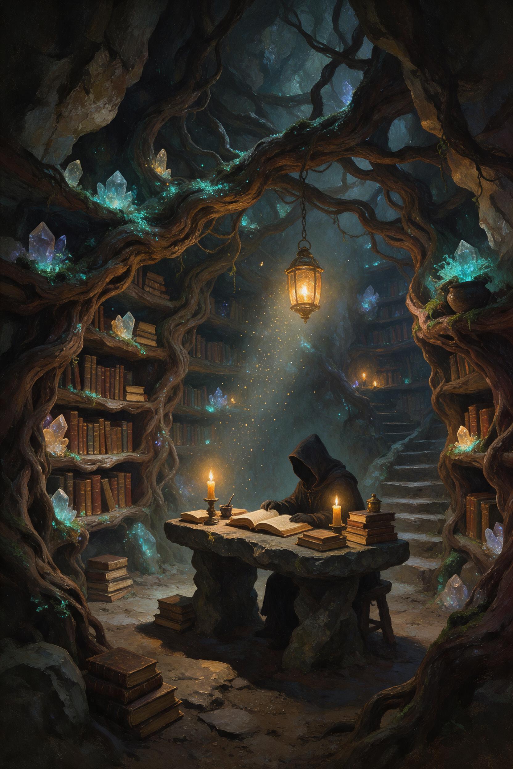 An ancient, glowing crystal library hidden in a cavern, bookshelves carved from living roots, warm candlelight mixing with cool bioluminescent moss, a solitary hooded figure reading at a stone desk, dust motes dancing in light beams, shallow depth of field, painterly texture
