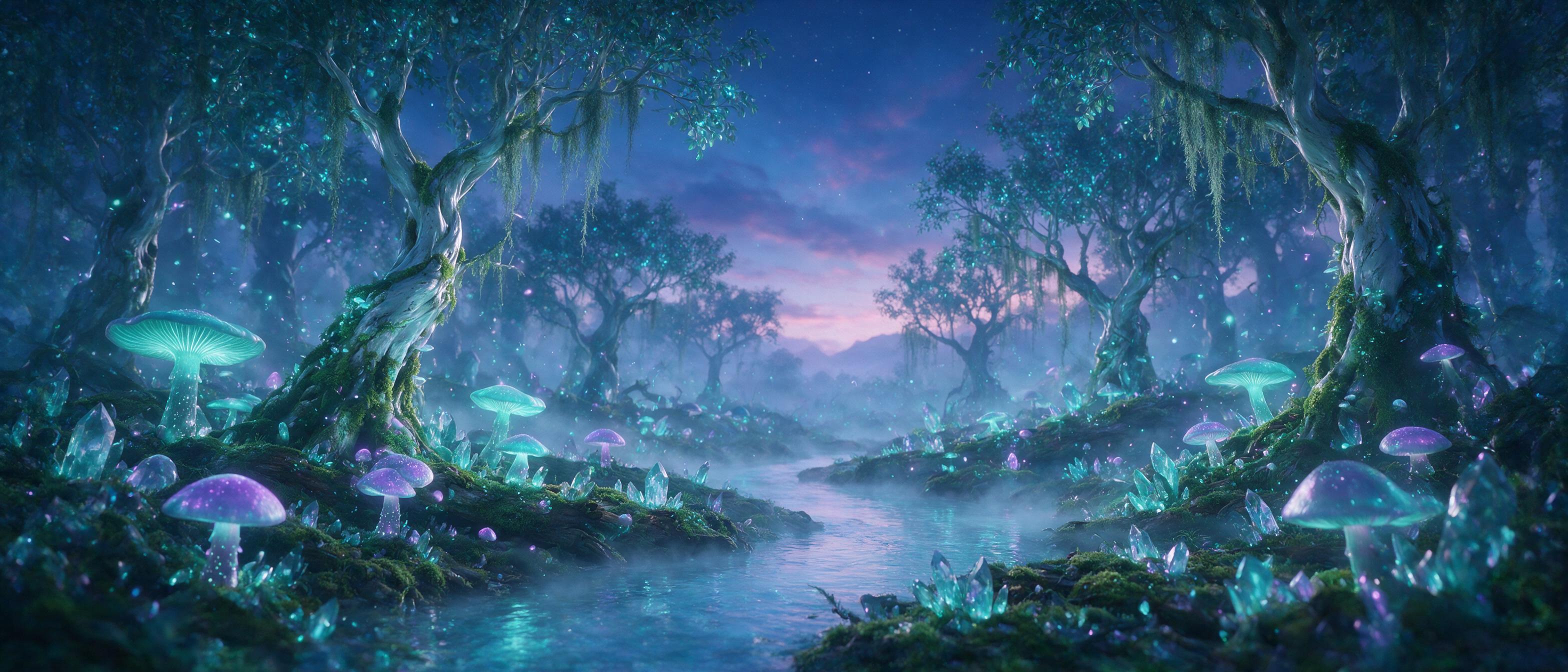 A glowing crystal forest at twilight, giant luminescent mushrooms and floating spores casting soft teal and violet light, a misty river winding through, ancient twisted trees with silver bark, ethereal atmosphere, cinematic wide shot, shallow depth of field, gentle fog, no people