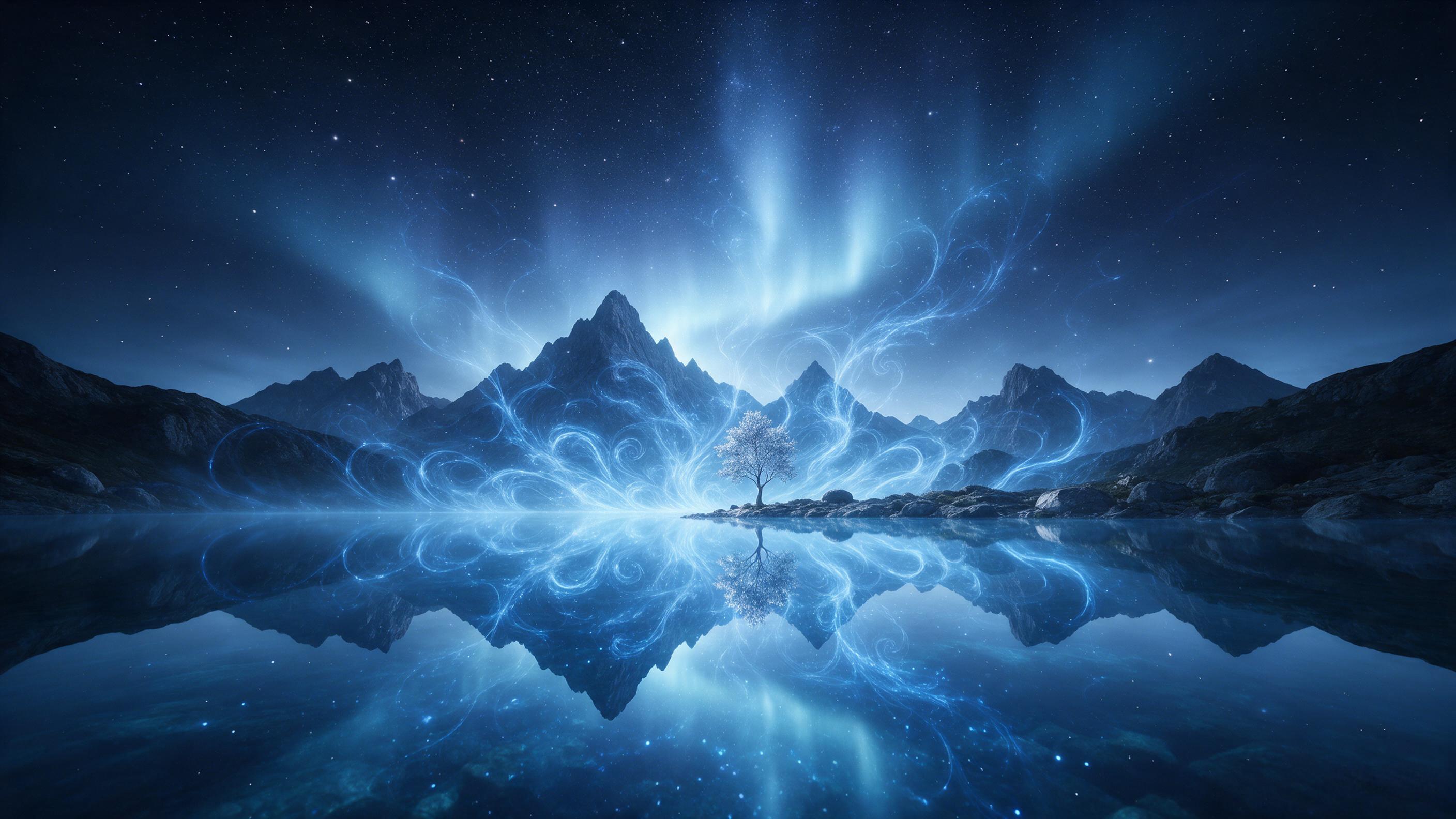 A crystal-clear mountain lake under a starry sky, where bioluminescent blue swirls rise like living veins from the water, weaving into a faint aurora above jagged peaks. The scene glows with an ethereal pale blue light, reflected perfectly in the mirror-still surface, a lone silver tree on the rocky