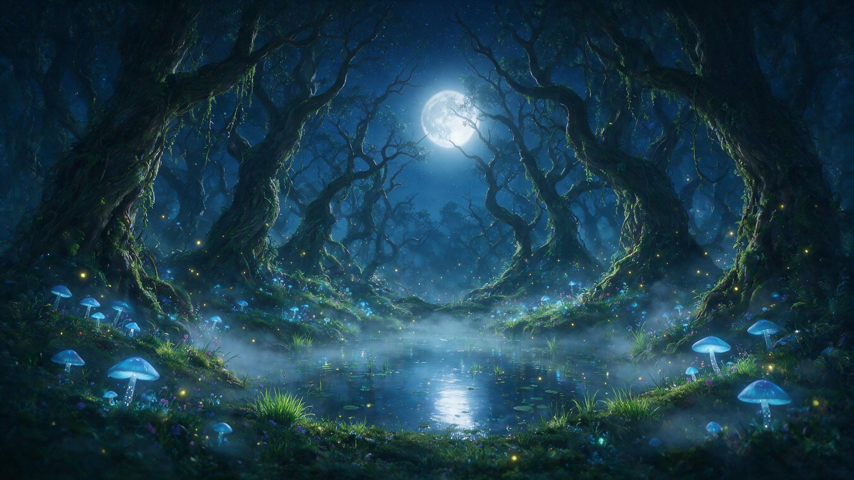 A moonlit enchanted forest clearing, glowing blue mushrooms and fireflies, a misty pond reflecting silver light, ancient twisted trees with hanging vines, soft ethereal fog, magical atmosphere, cinematic composition, gentle bokeh, painterly style
