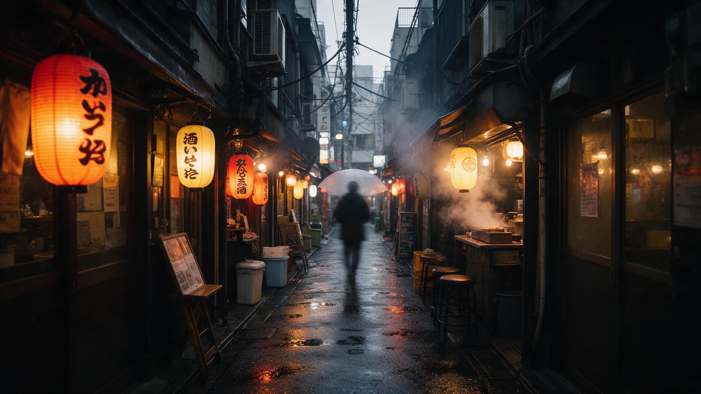 A rain-slicked narrow Tokyo alley at dusk, glowing izakaya lanterns, steam rising from a food stall, wet asphalt mirroring warm neon reflections, a lone figure with a translucent umbrella walking away, slight motion blur, natural overcast light, cinematic composition