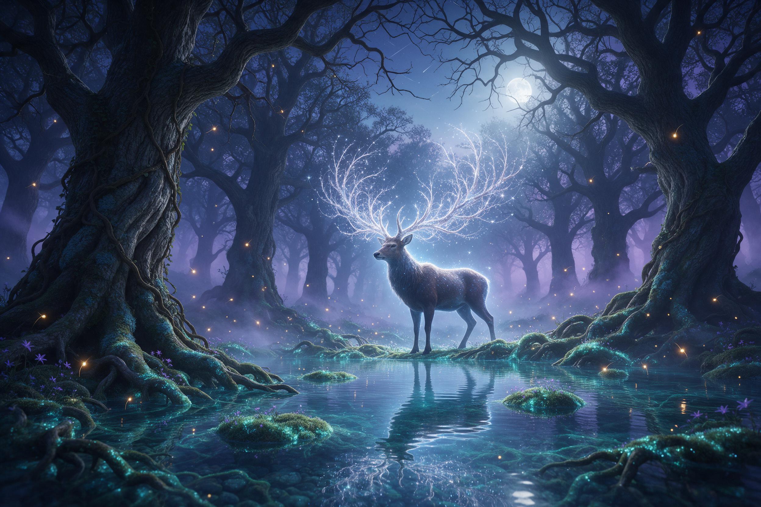 An ancient forest glade at twilight, where a colossal, luminescent deer with antlers of woven starlight stands beside a crystalline pond. Glowing moss carpets the roots of gnarled oak trees, and fireflies drift like slow comets. Soft violet mist curls between trunks, bathed in cool blue moonlight fi