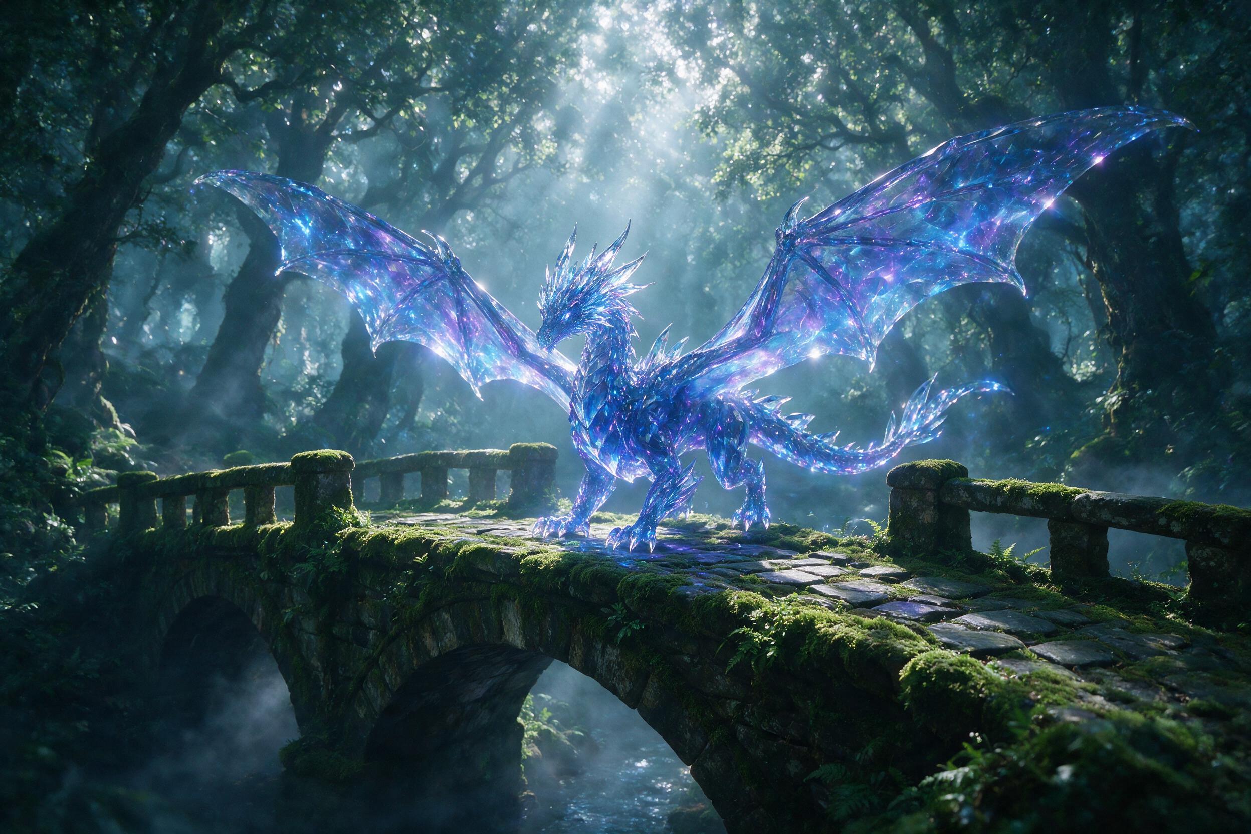 A glowing, translucent crystal dragon lands on a moss-covered stone bridge in a misty forest, bioluminescent blue and purple light from its wings casting soft shadows on ancient trees, moonbeams filtering through the canopy, slight camera shake, natural grain
