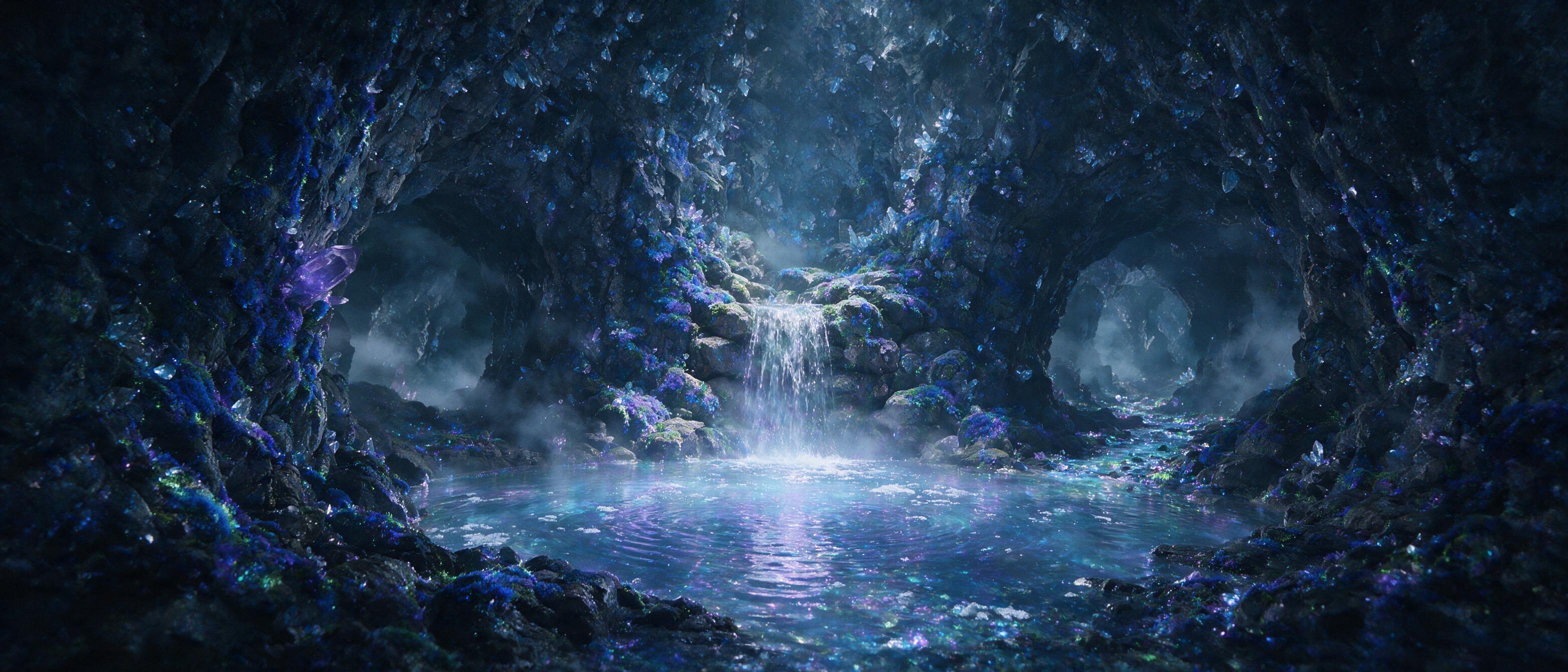 A luminous crystal cave deep underground, glowing blue and violet moss clinging to jagged walls, a small waterfall cascading into a pool of liquid light, mist swirling, soft radiance illuminating the scene, slight grain, cinematic composition.