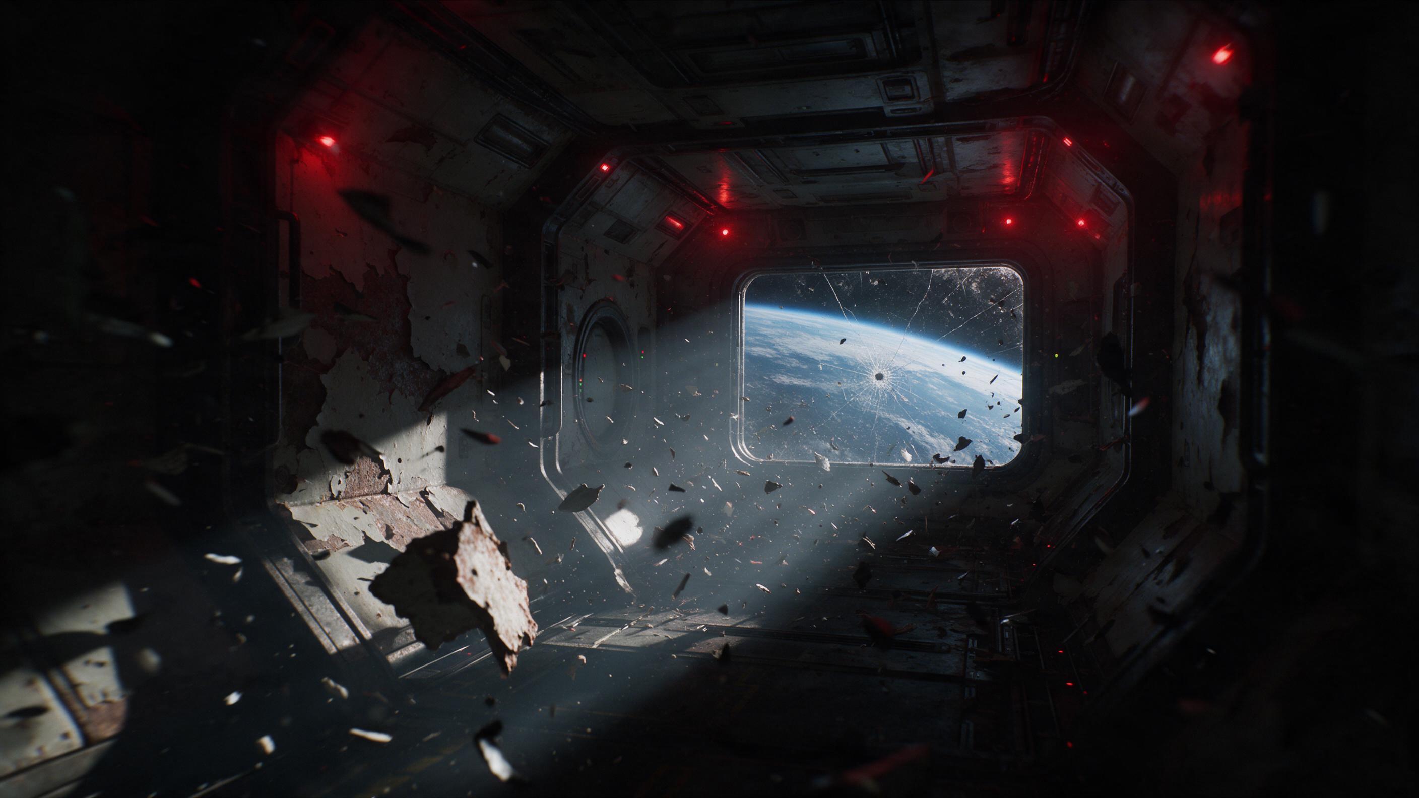 A derelict space station corridor, harsh emergency lights flickering crimson, zero-gravity debris floating, peeling bulkheads reveal rusted metal, volumetric dust beams from a single breached viewport showing Earth below, cinematic wide shot with deep shadows