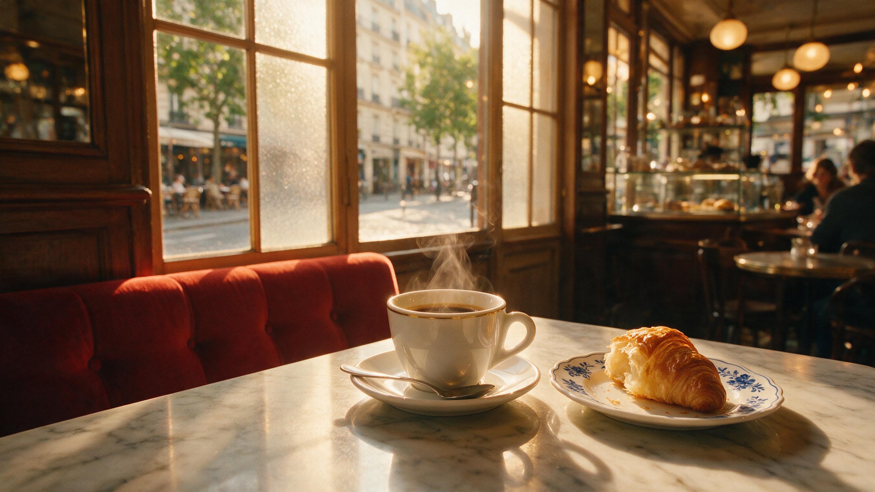 A cozy corner of a Parisian café at golden hour, warm amber light spilling through frosted glass windows onto a marble tabletop, steam rising from a ceramic espresso cup, a half-eaten croissant on a small plate, soft bokeh in the background, slight grain, natural lighting, shallow depth of field, fo