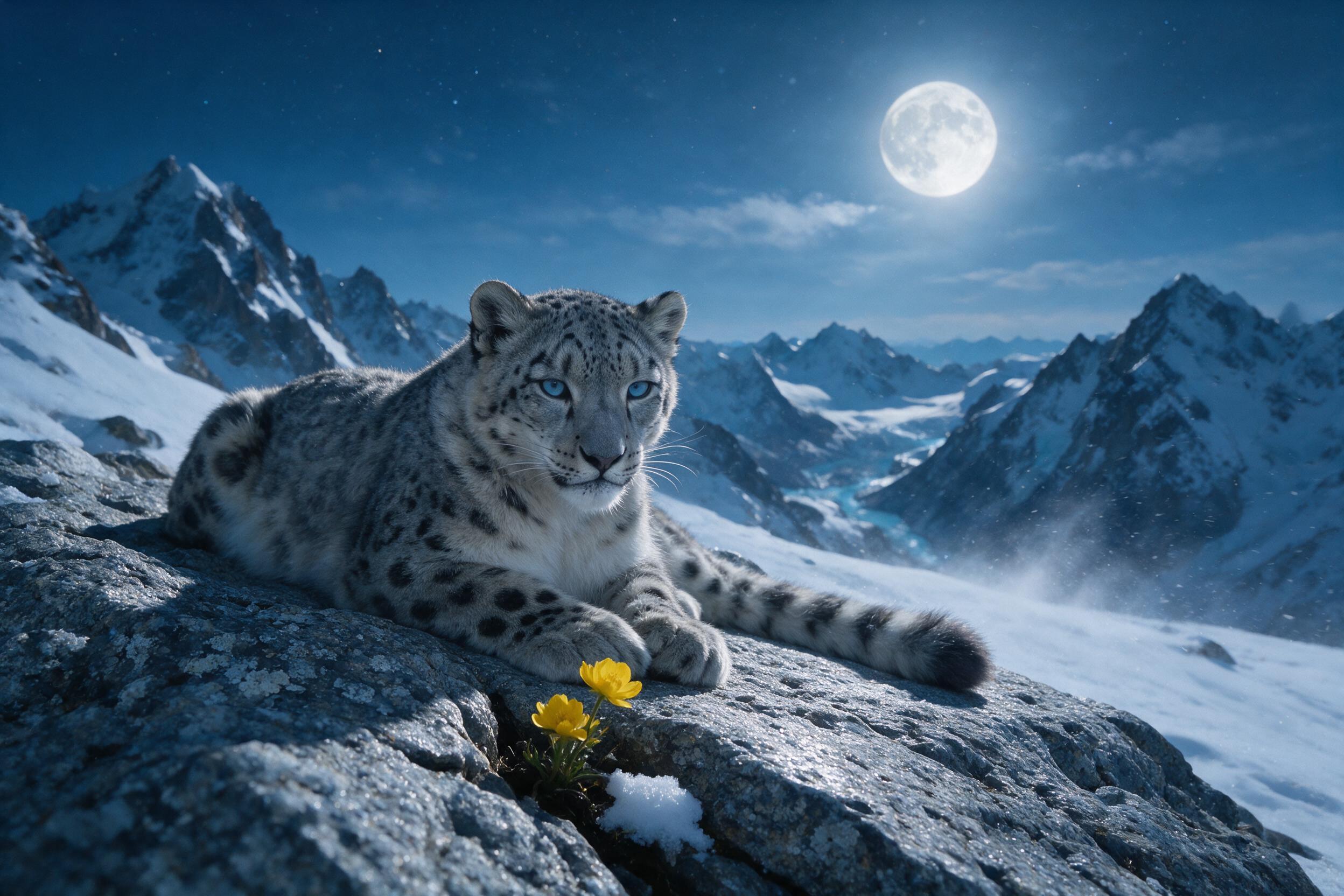 A close-up shot of a snow leopard resting on a rocky outcrop under a full moon, its fur blending with the silver-lit granite, a single yellow flower blooming in a crack beside it, slight motion blur in the distant snow, natural grain, cold blue tones.