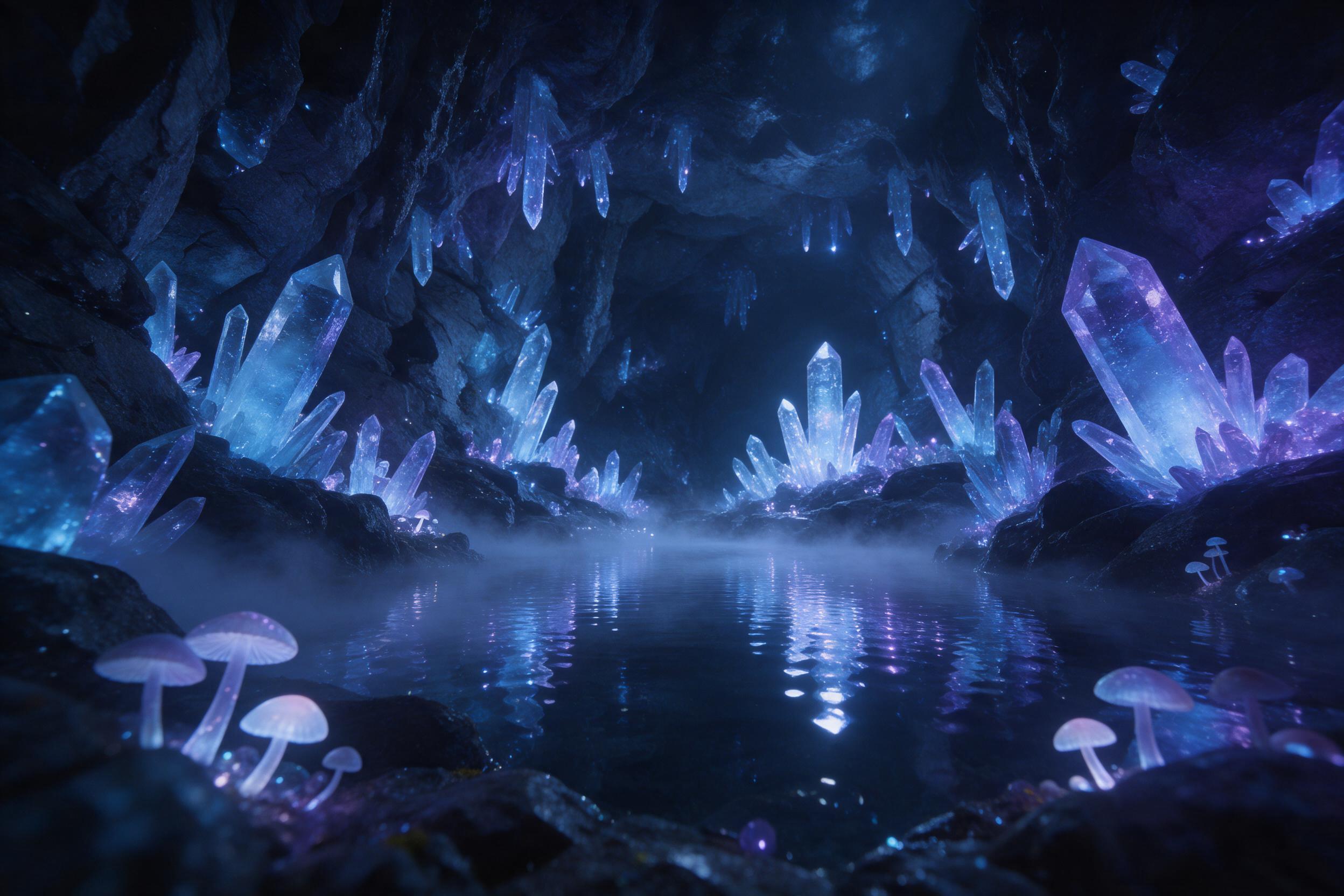 A moonlit crystal cavern deep underground, glowing blue and violet crystals sprouting from dark rock walls, a still pool reflecting the shimmering light, delicate glowing mushrooms in the foreground, mist curling over the water, shot from a low angle, dreamy atmosphere with soft focus