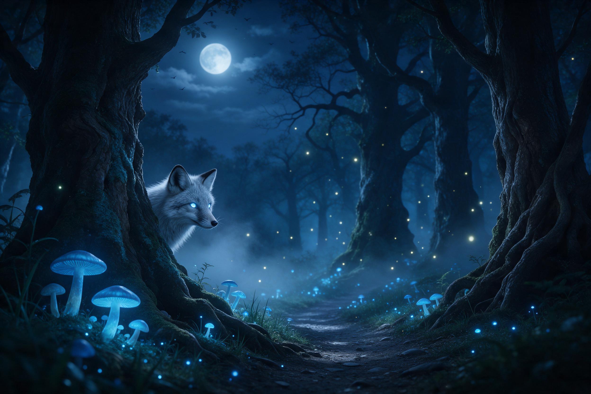 A moonlit enchanted forest, glowing blue mushrooms lining a winding path, a silver fox with luminous eyes peeking from behind a mossy oak, soft mist curling between ancient trees, fireflies drifting like tiny lanterns, deep indigo and teal palette, cinematic side lighting, dreamy atmosphere