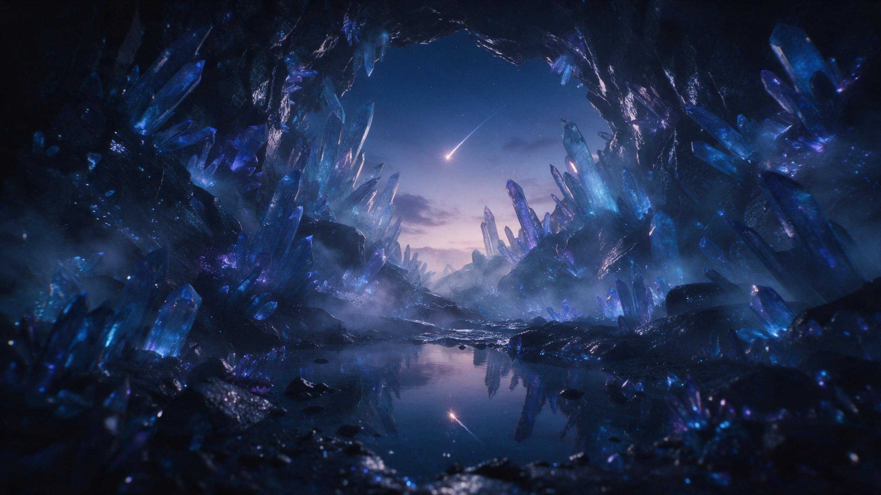 A luminous crystal cavern beneath a twilight sky, glowing blue and violet crystals jutting from wet stone, a still reflecting pool mirroring a falling star, ethereal mist curling around, dramatic chiaroscuro lighting with soft bioluminescent glow, cinematic composition from low angle, slight grain f