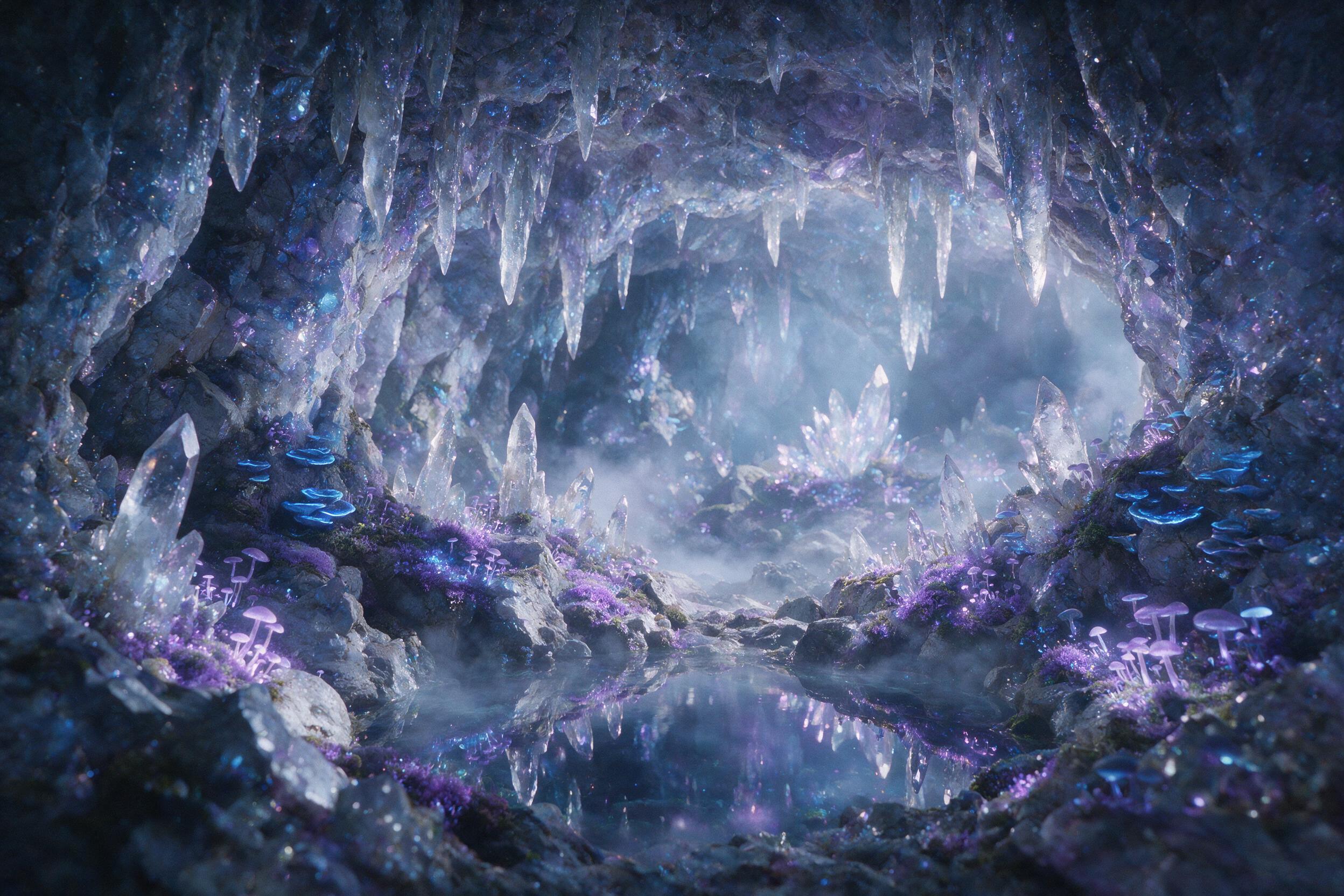 A luminous glowing crystal cave deep underground, bioluminescent moss and fungi casting soft purple and blue light on stalactites, a small still pool reflecting the light, mist rising slowly, ethereal atmosphere, soft shadows, slight grain